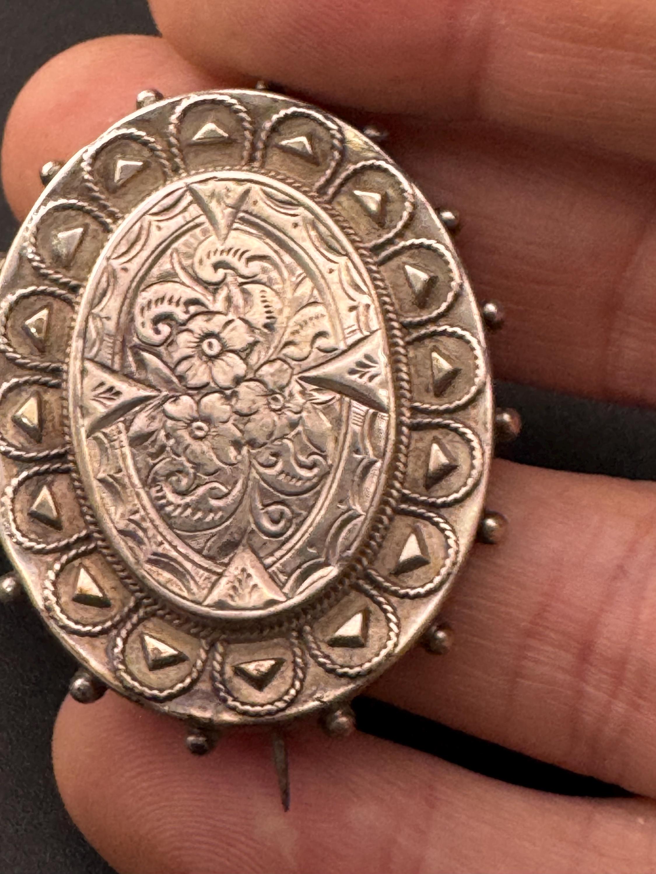 Victorian Etched Mourning Brooch, White Metal Oval