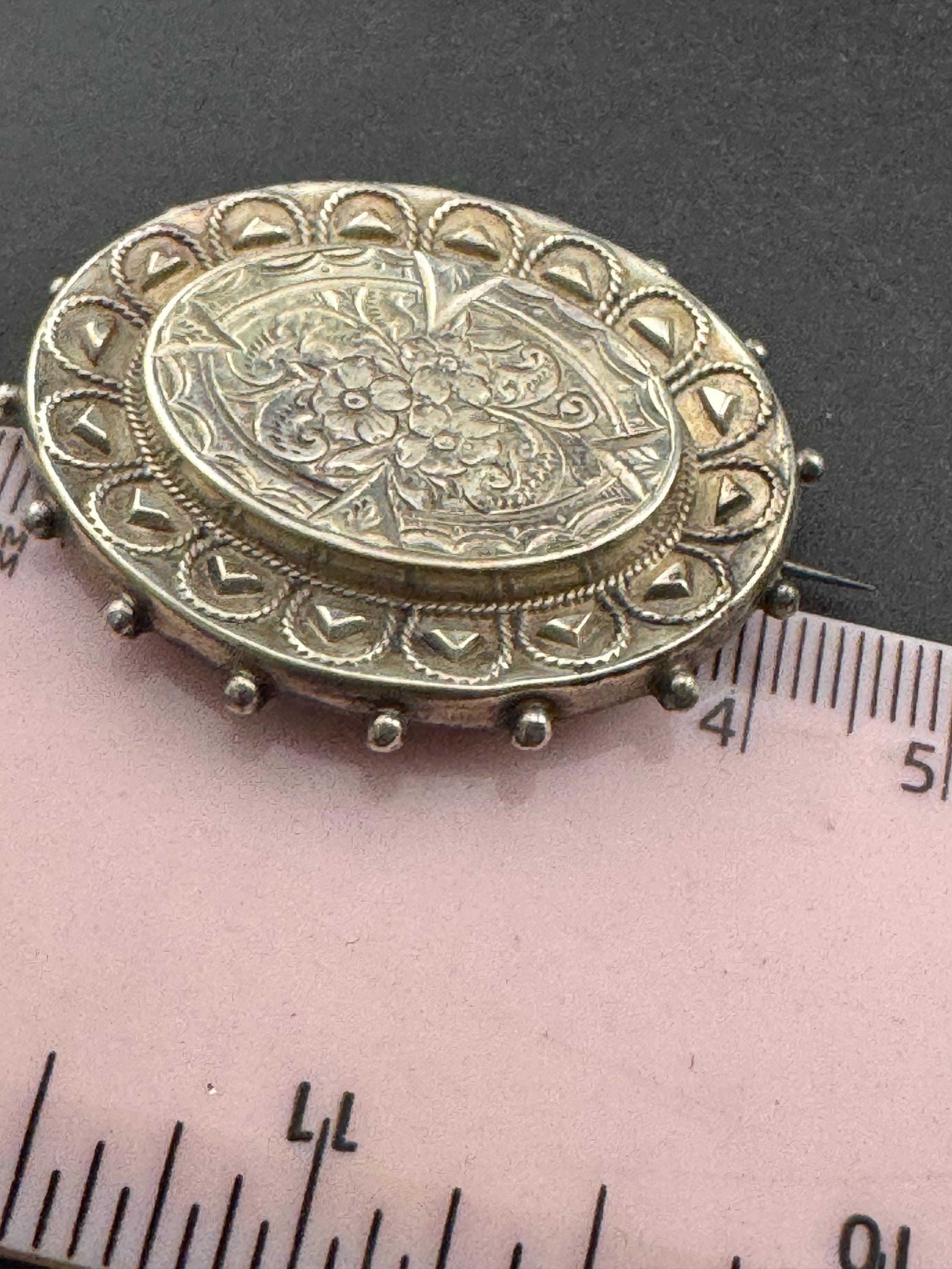 Victorian Etched Mourning Brooch, White Metal Oval
