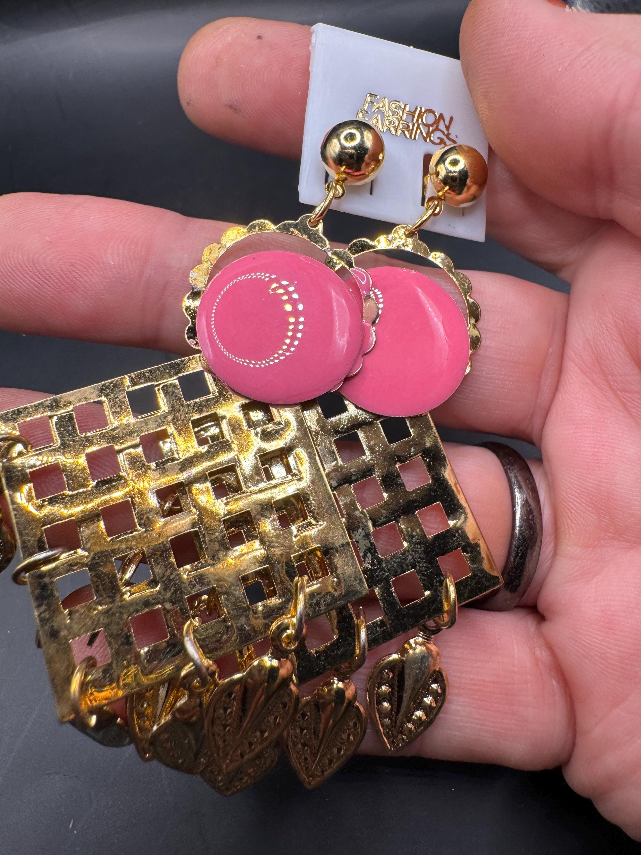 Retro 80s Oversized Drop Earrings, Embossed Metal, Deadstock