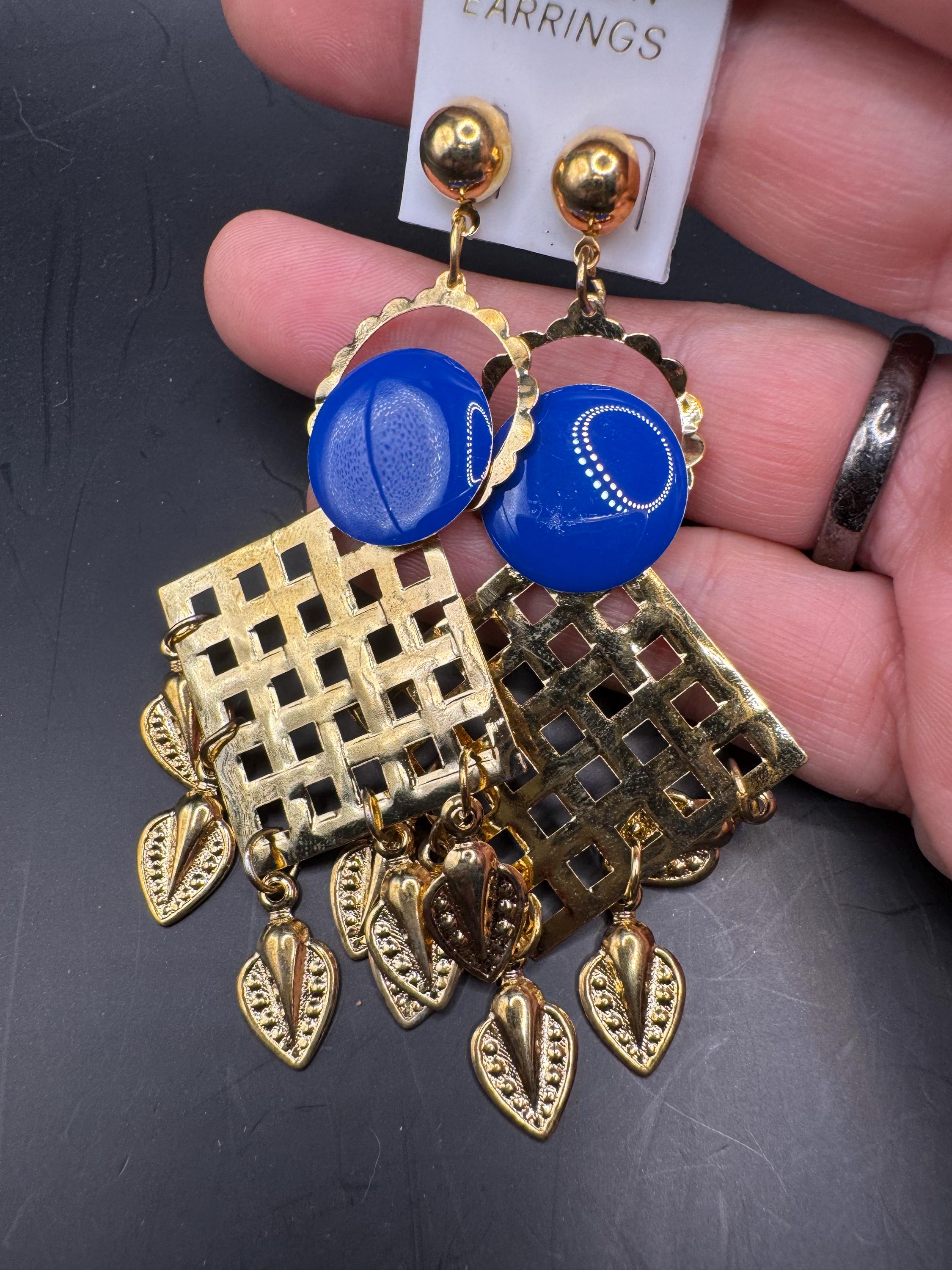 Retro 80s Oversized Drop Earrings, Embossed Metal, Deadstock