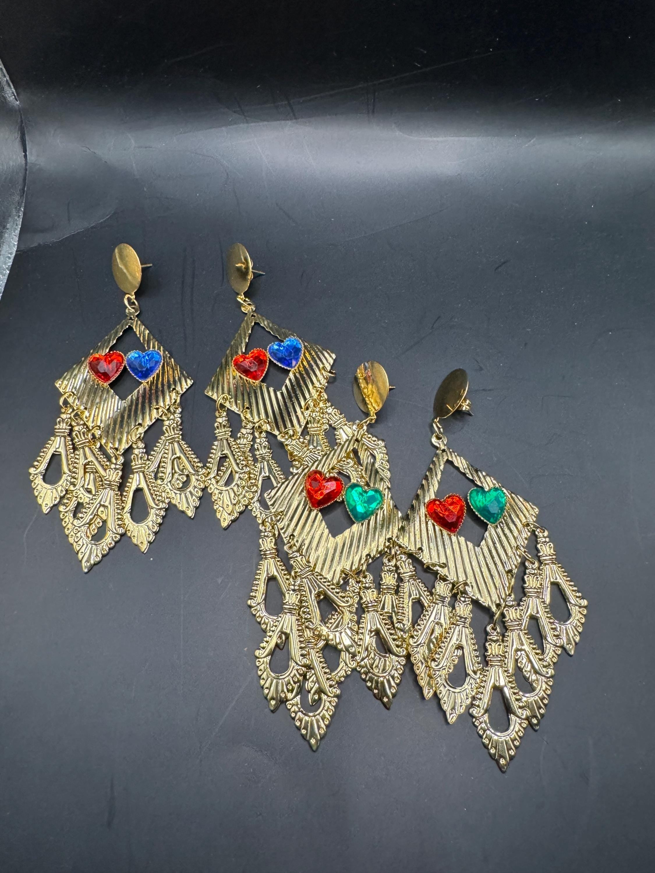 80s Oversized Heart Dangle Earrings, Deadstock