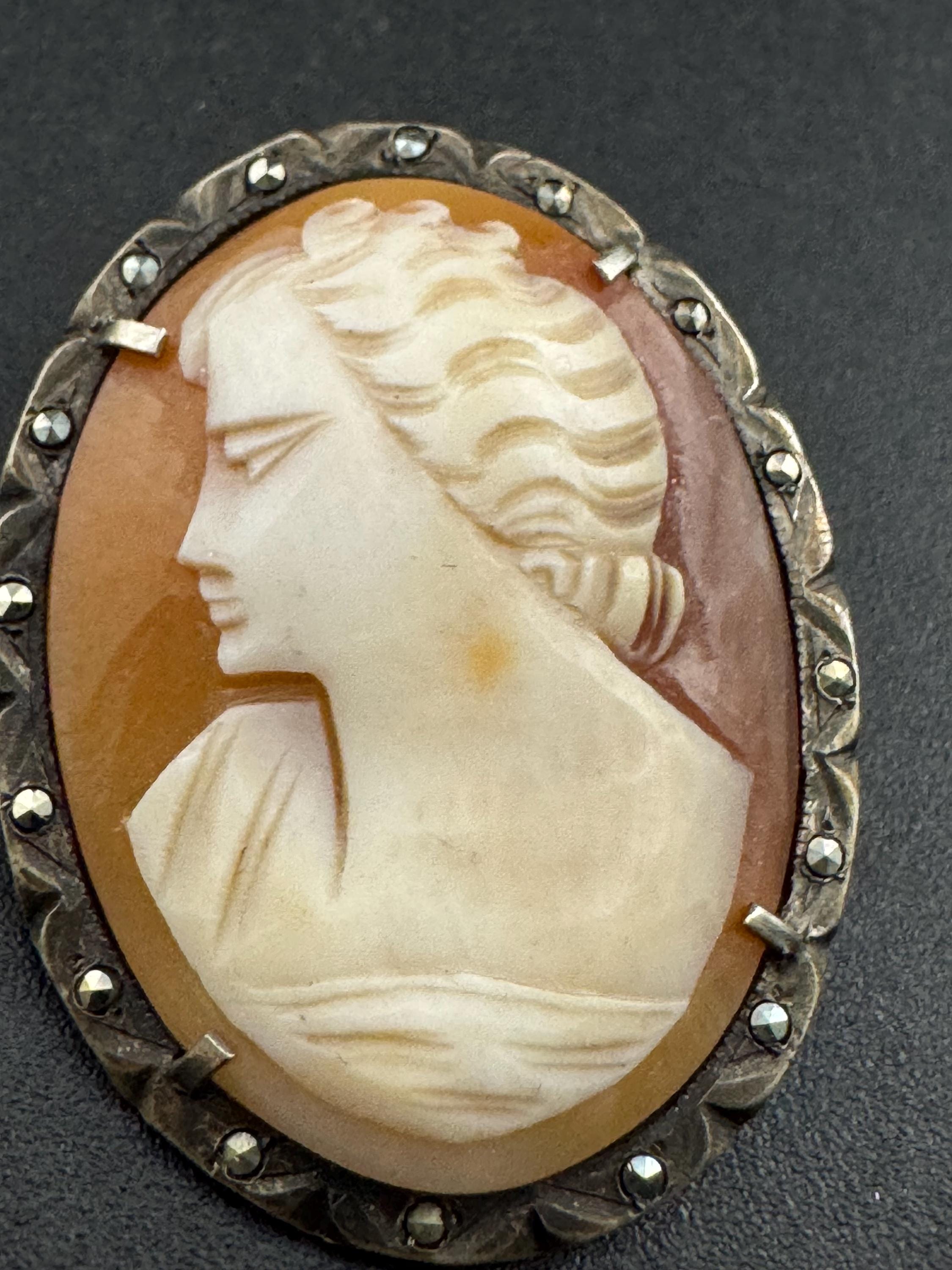 Antique Carved Cameo Brooch: 800 Continental Silver, Art Deco