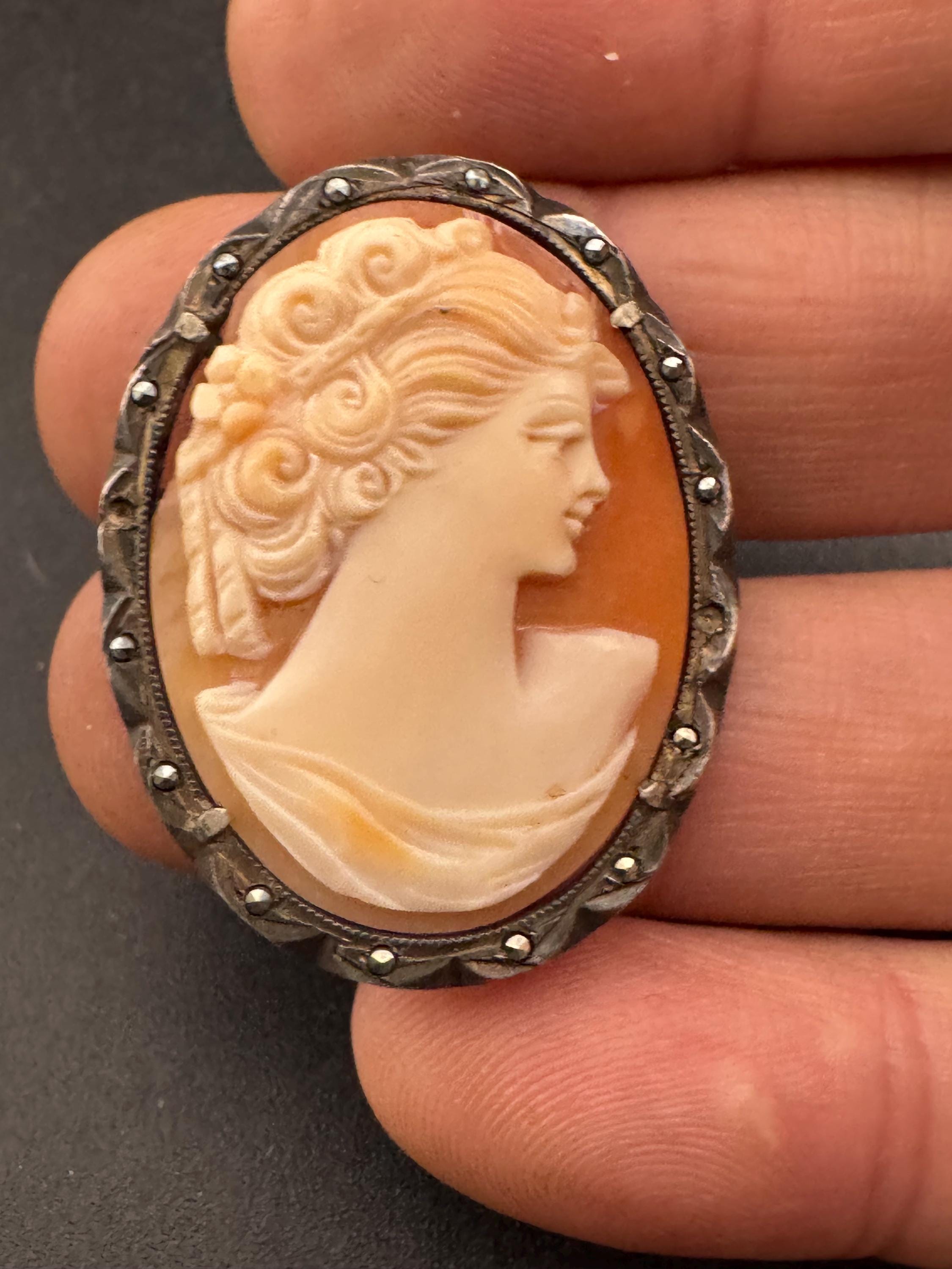 Antique Carved Cameo Brooch: 800 Continental Silver, Art Deco