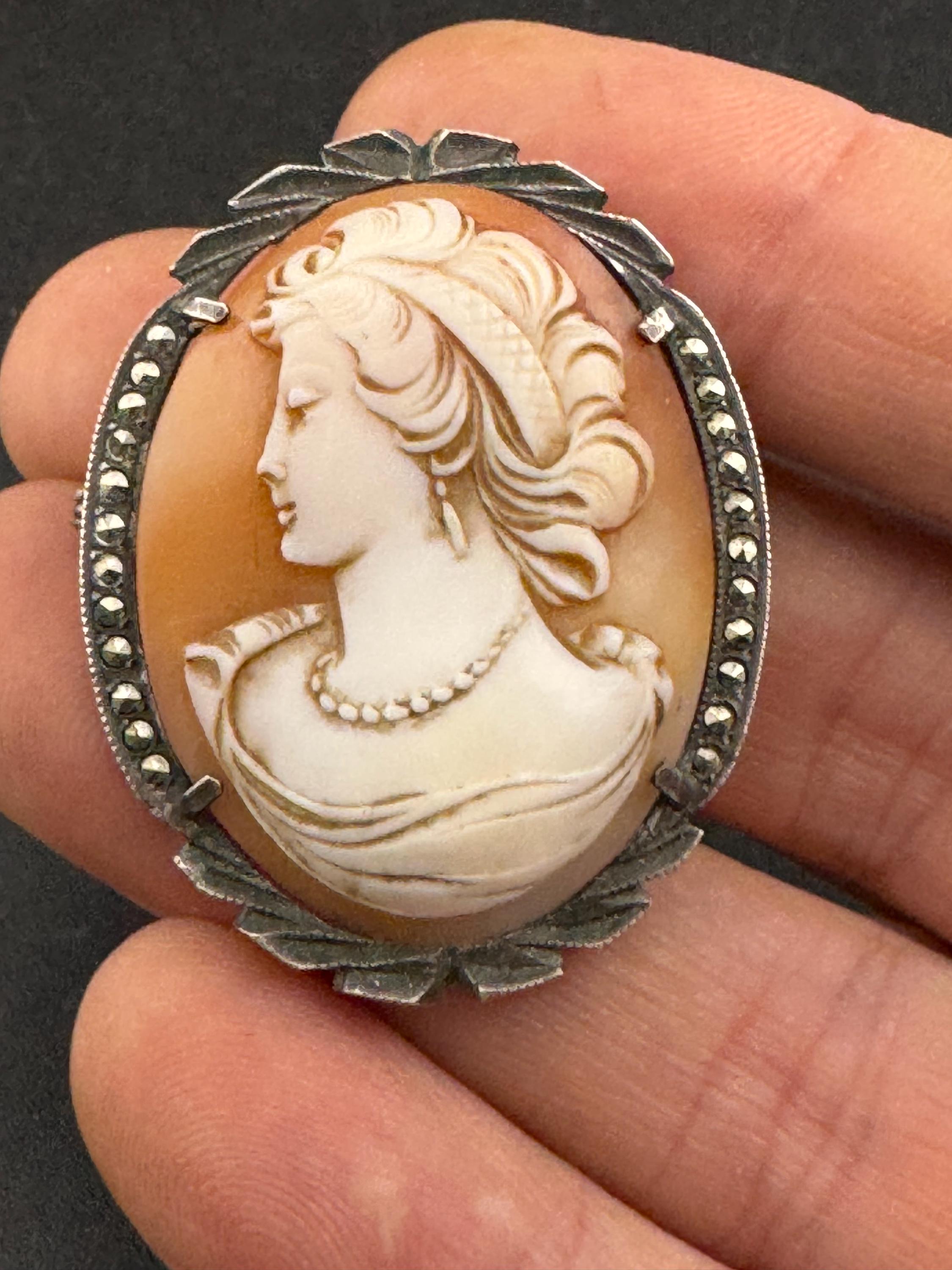 Antique Carved Cameo Brooch: 800 Continental Silver, Art Deco