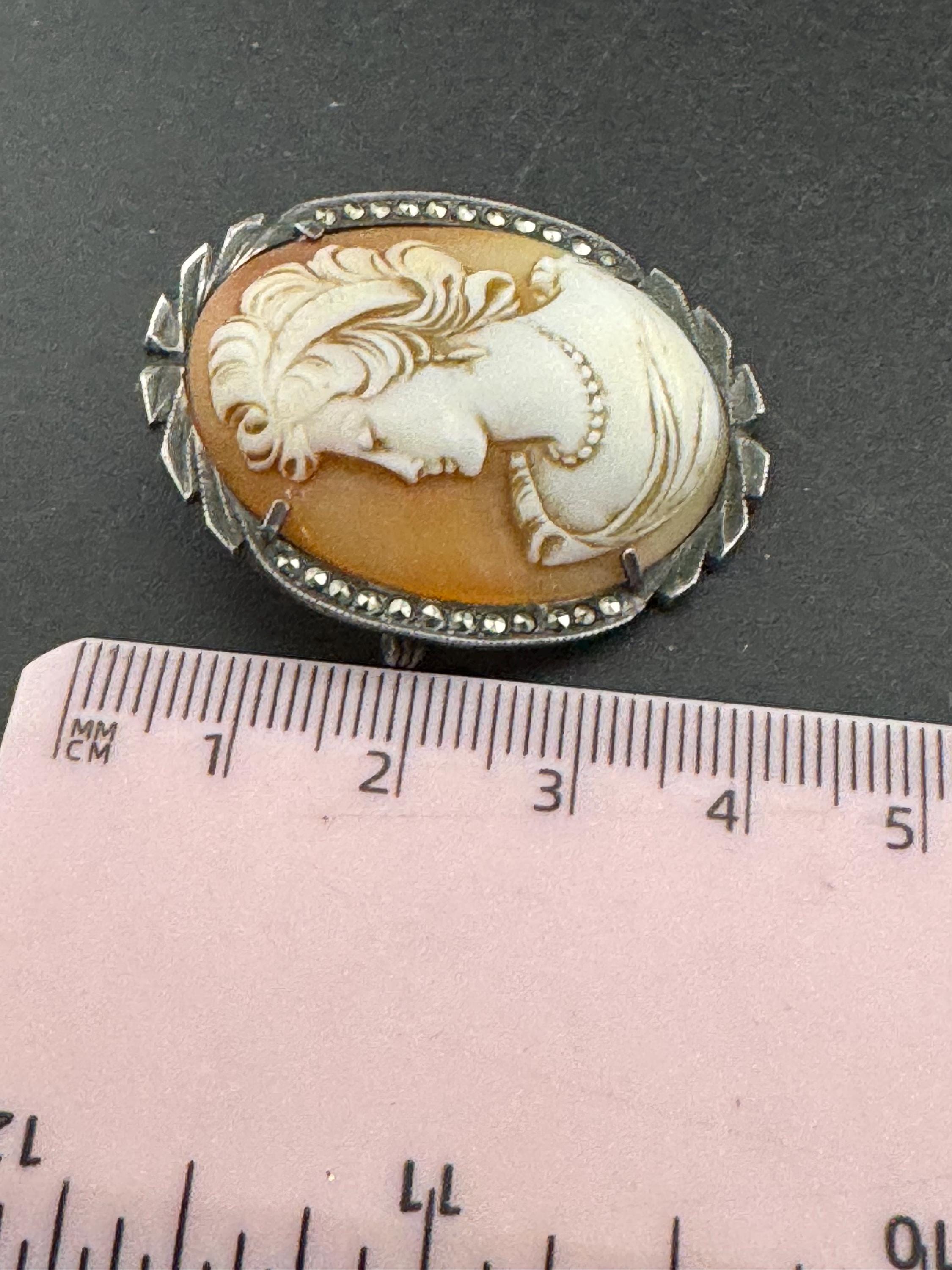 Antique Carved Cameo Brooch: 800 Continental Silver, Art Deco