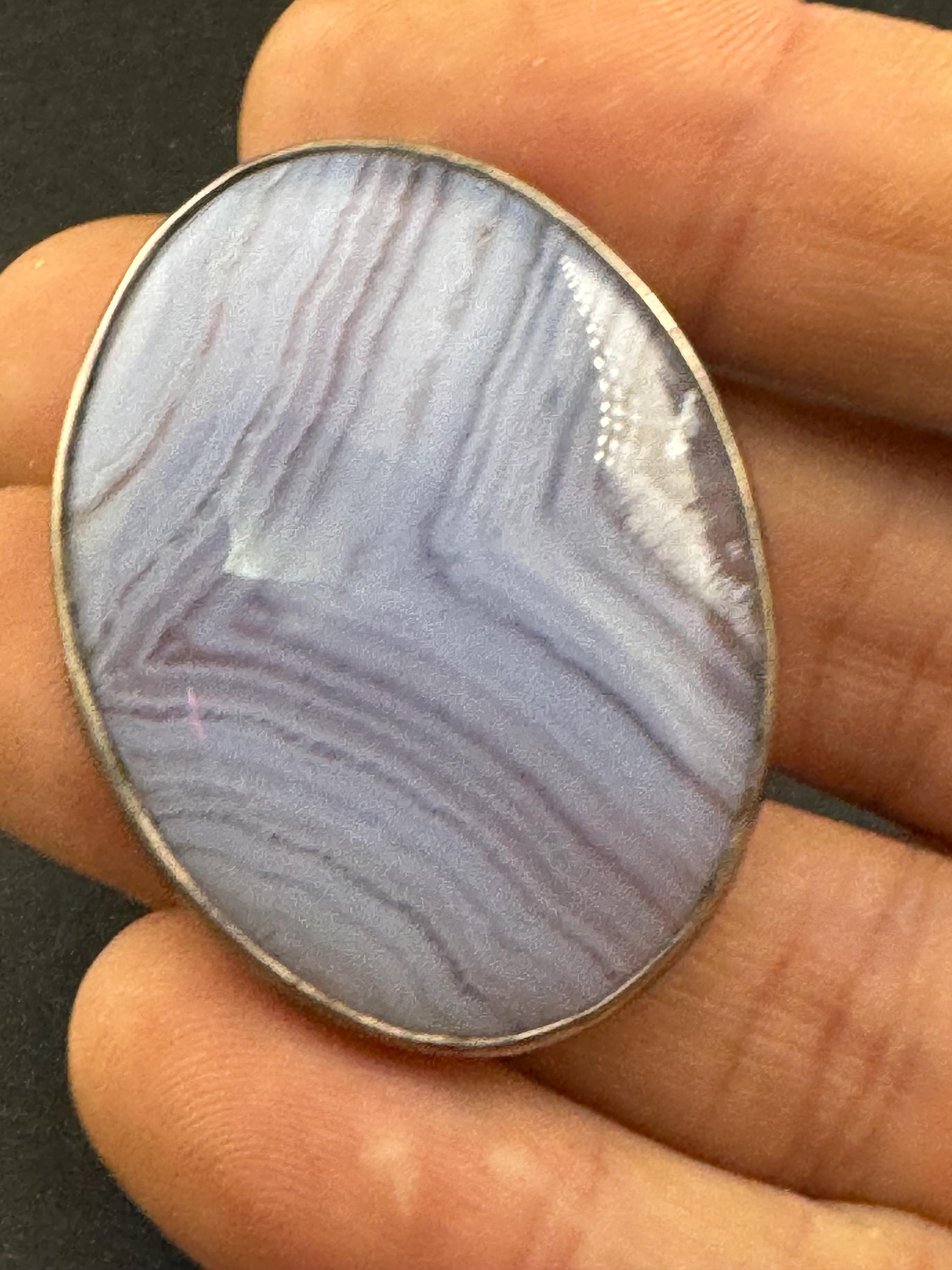 Antique silver white agate large oval brooch, 925 sterling