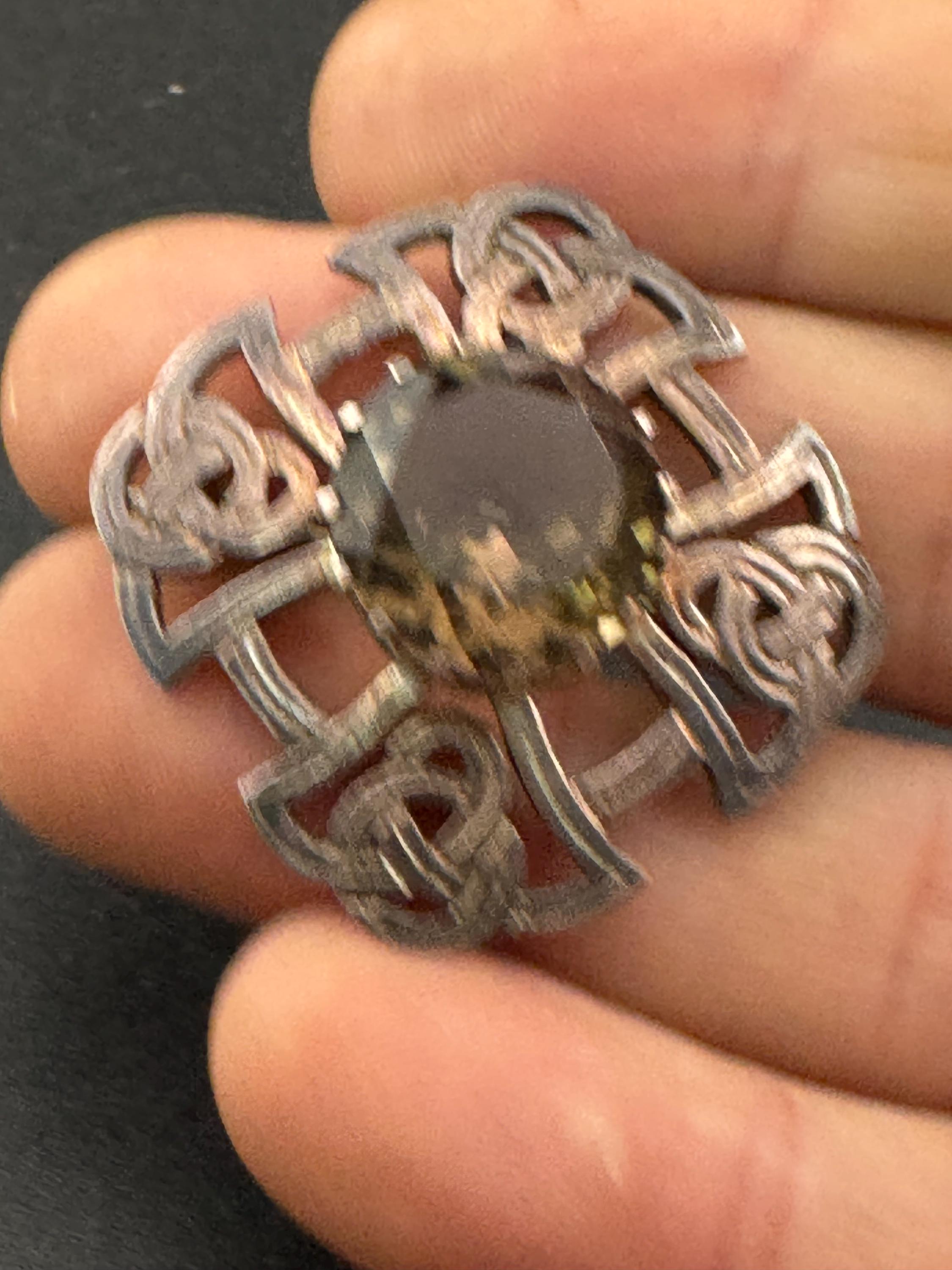 HE Smokey quartz gemstone sterling silver scottish celtic brooch, Thomas Kerr Ebbutt 1978