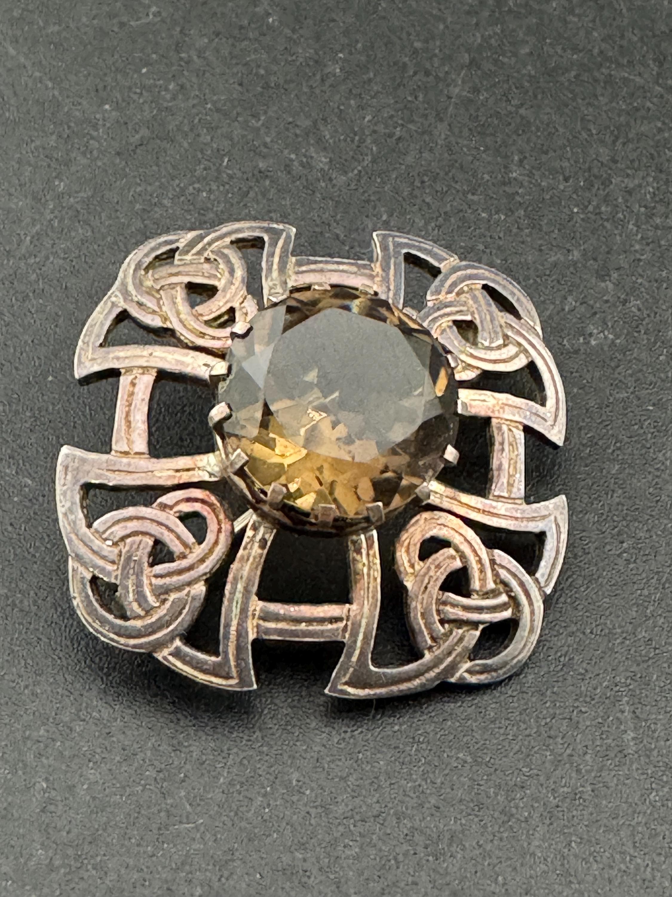 HE Smokey quartz gemstone sterling silver scottish celtic brooch, Thomas Kerr Ebbutt 1978
