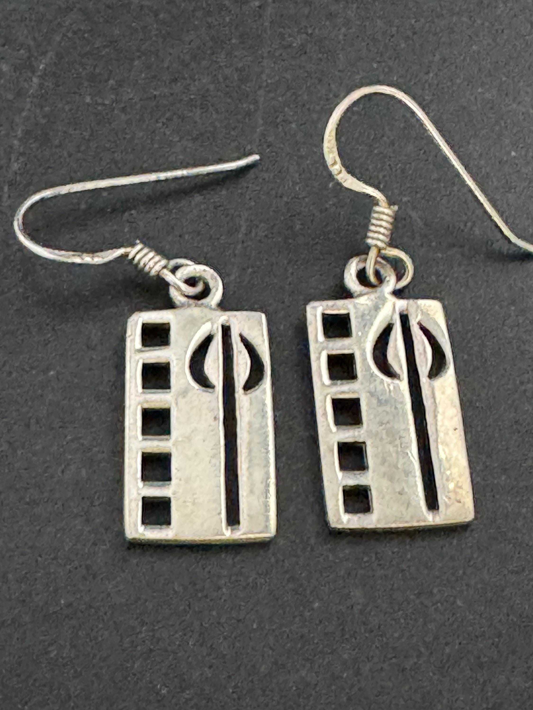 Vintage Sterling Silver rectangular drop Earrings, Art nouveau openwork 925
