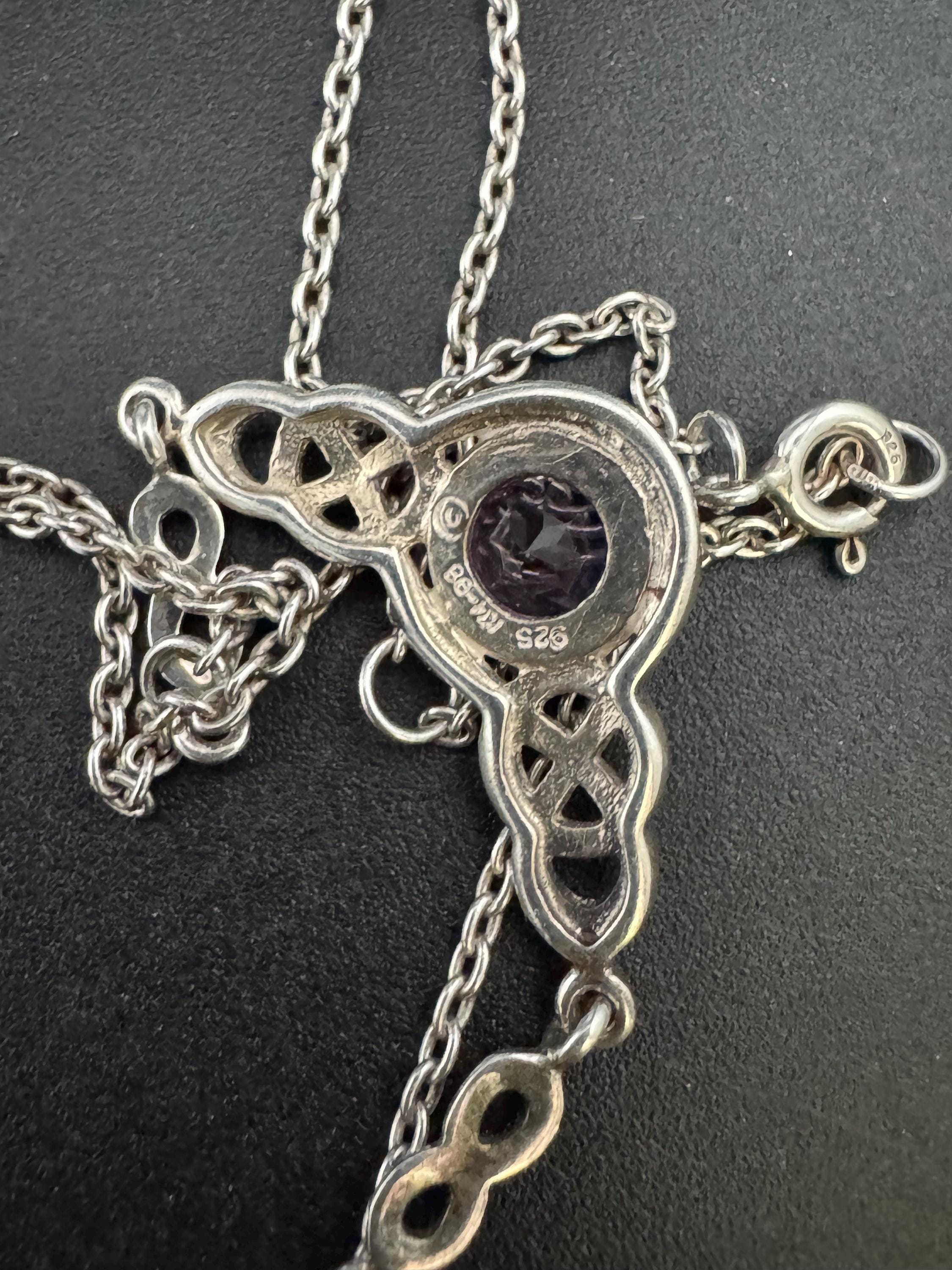 Kit heath 925 Silver and amethyst gem set necklace, Rennie Mackintosh style
