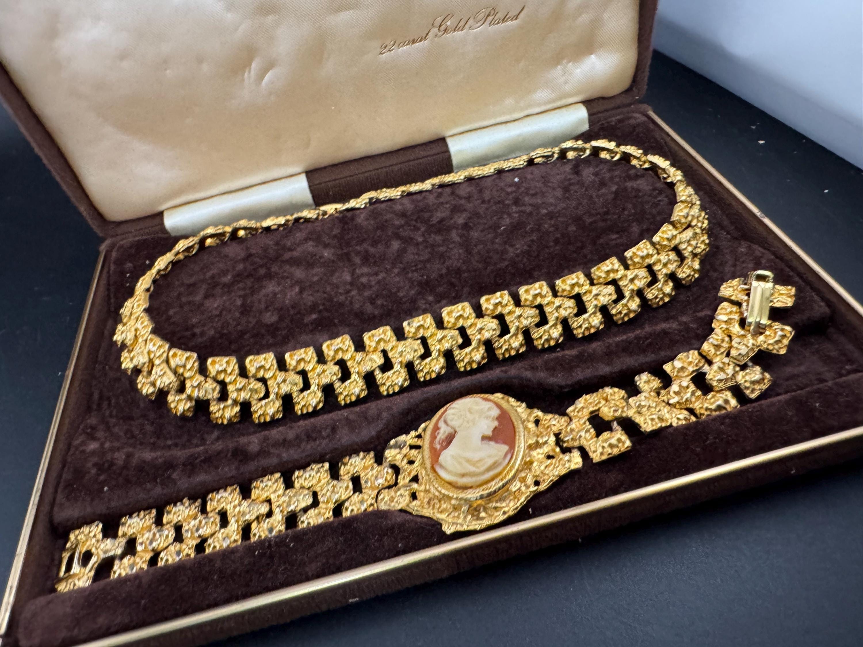 22Kt CAMEO bracelet & brutalist choker , gold plated jewelry set