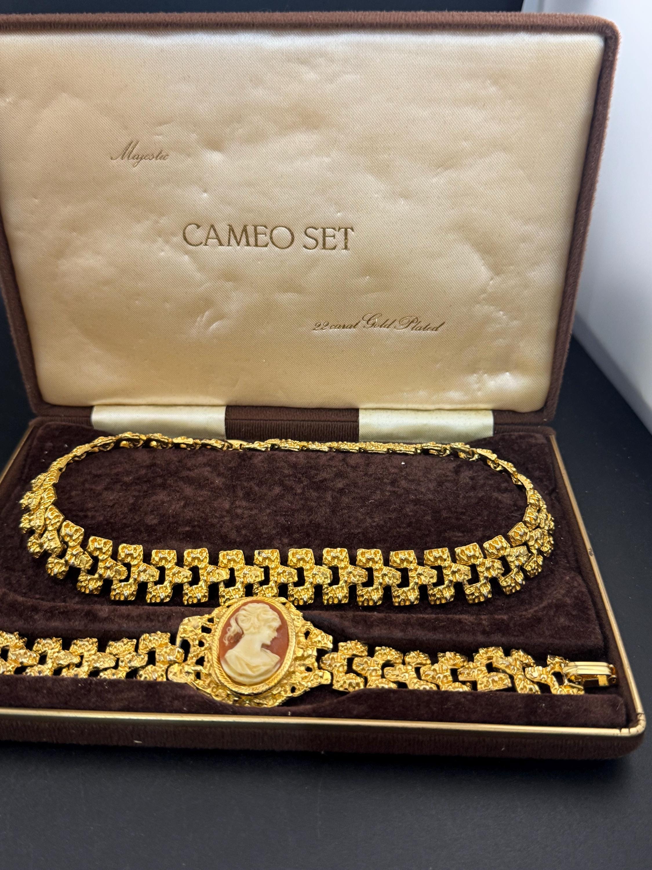 22Kt CAMEO bracelet & brutalist choker , gold plated jewelry set