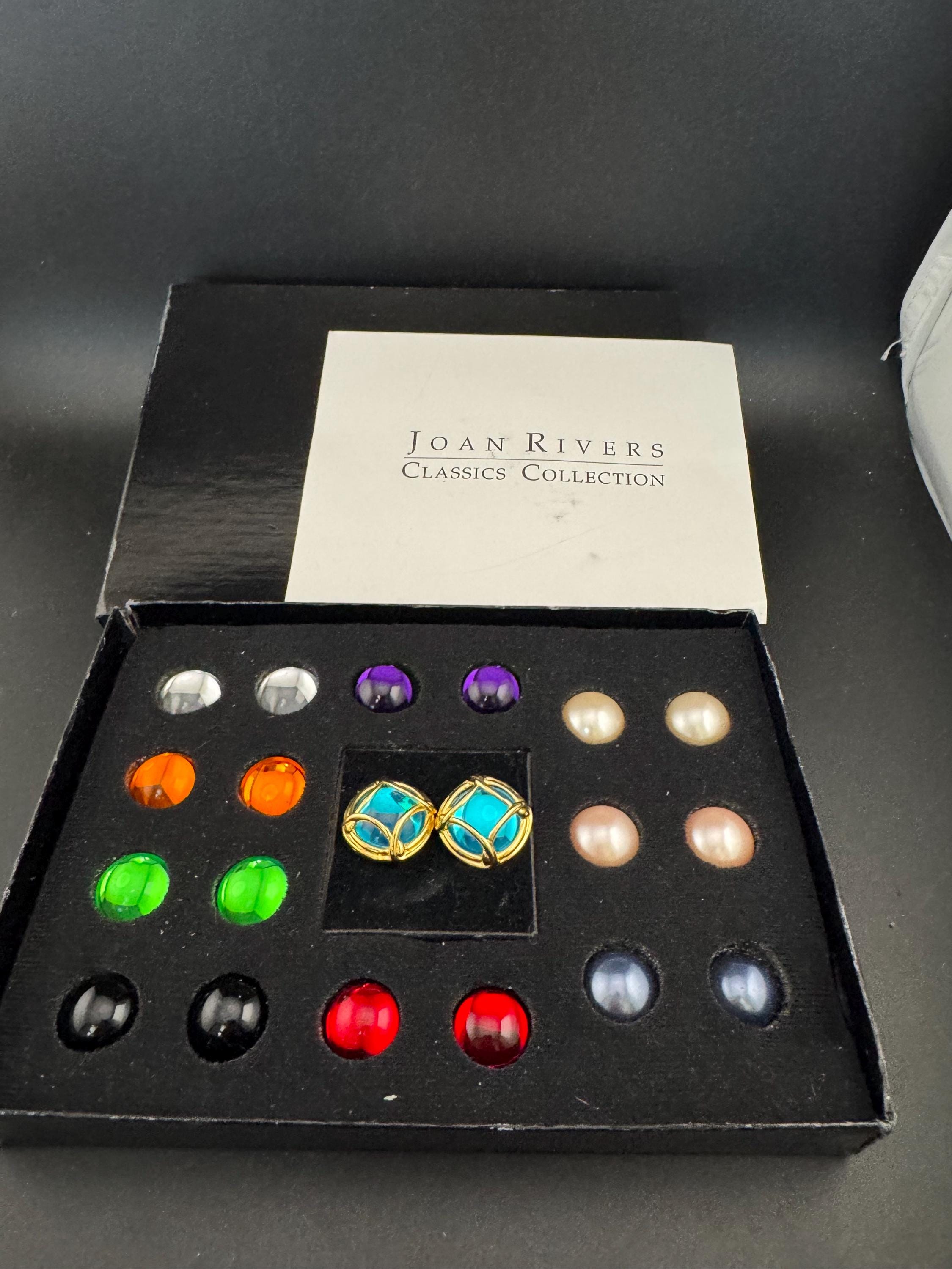 Signed Joan rivers set gold plated coloured cabochon clip on earrings, interchangeable