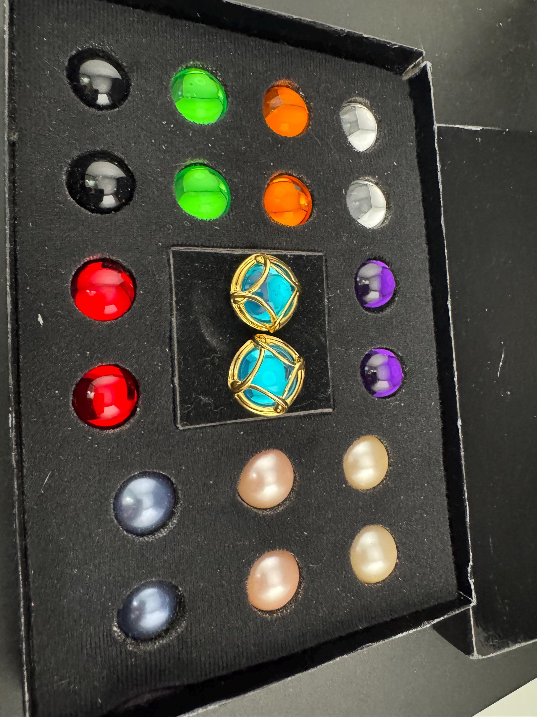 Signed Joan rivers set gold plated coloured cabochon clip on earrings, interchangeable