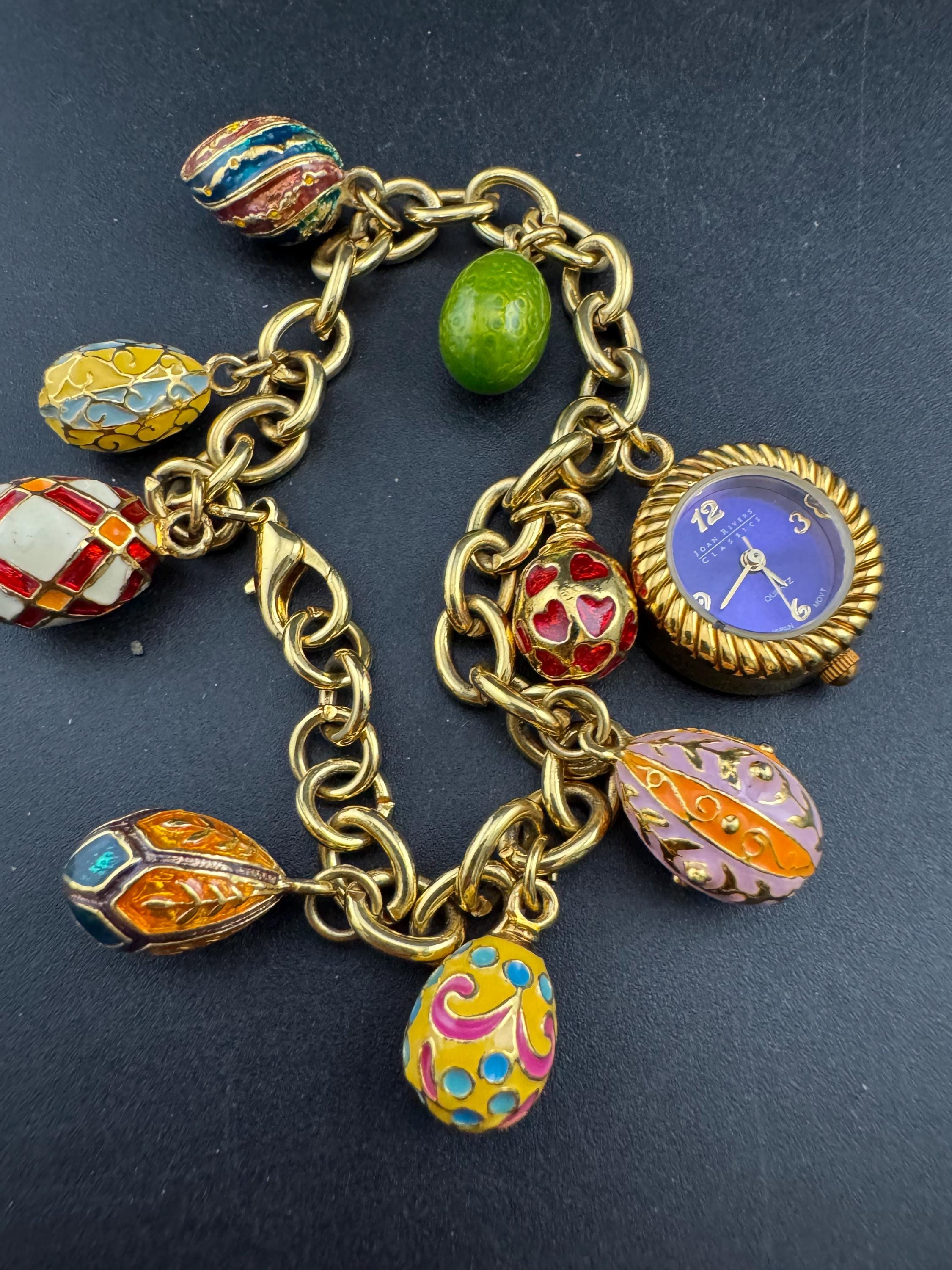 Signed Joan rivers enamelled jewelled egg charm watch bracelet 20cm