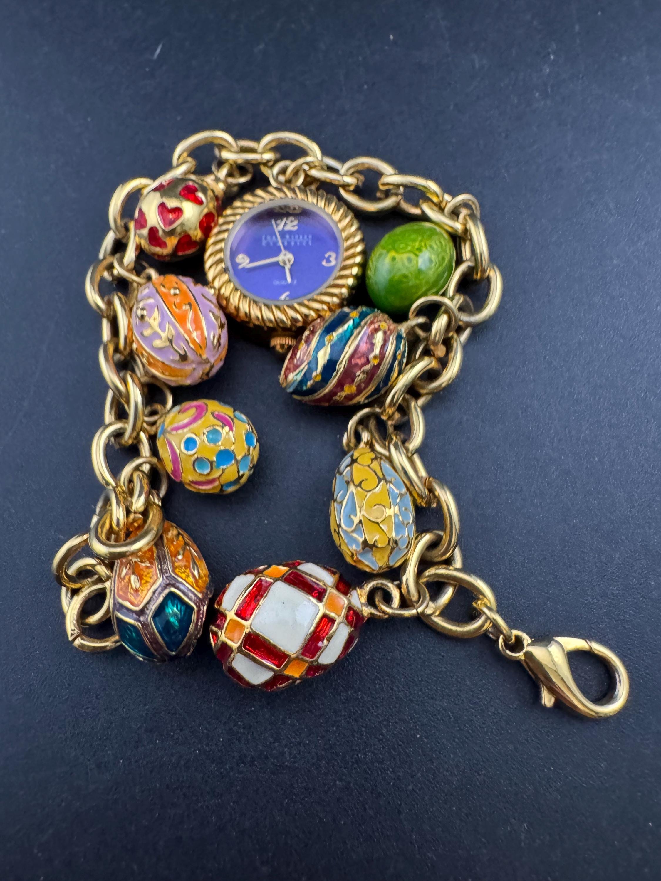 Signed Joan rivers enamelled jewelled egg charm watch bracelet 20cm
