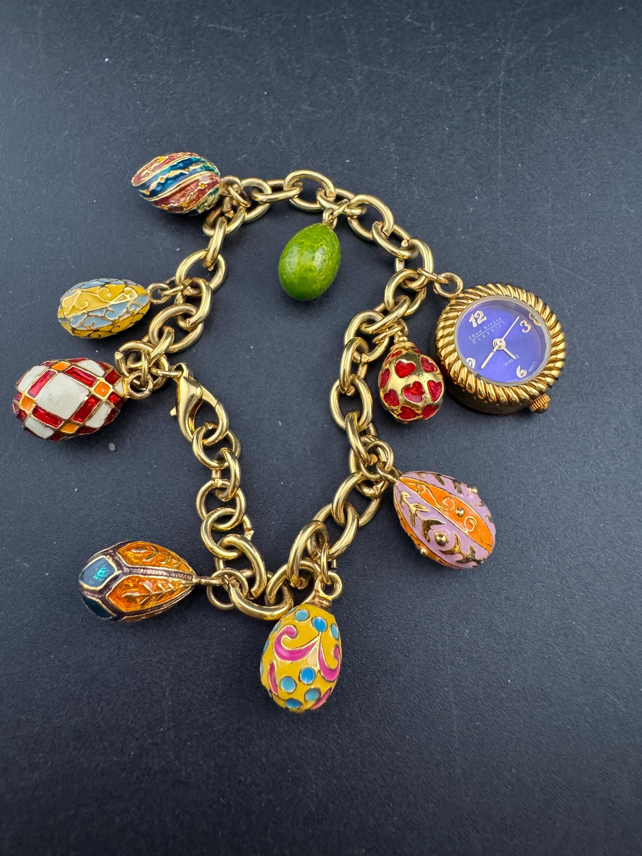 Signed Joan rivers enamelled jewelled egg charm watch bracelet 20cm
