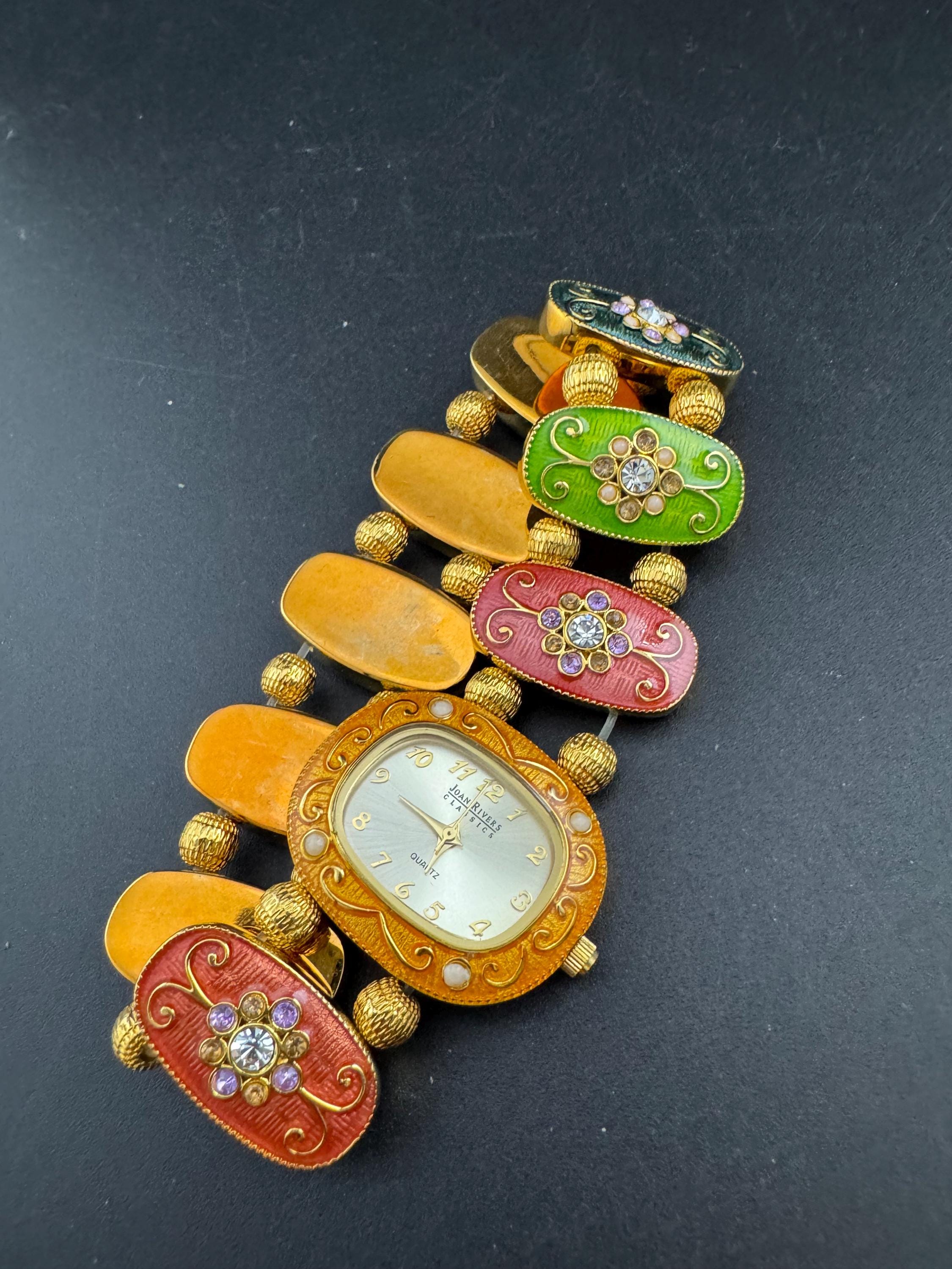 Signed Joan rivers enamelled floral panel link bracelet watch, elasticated