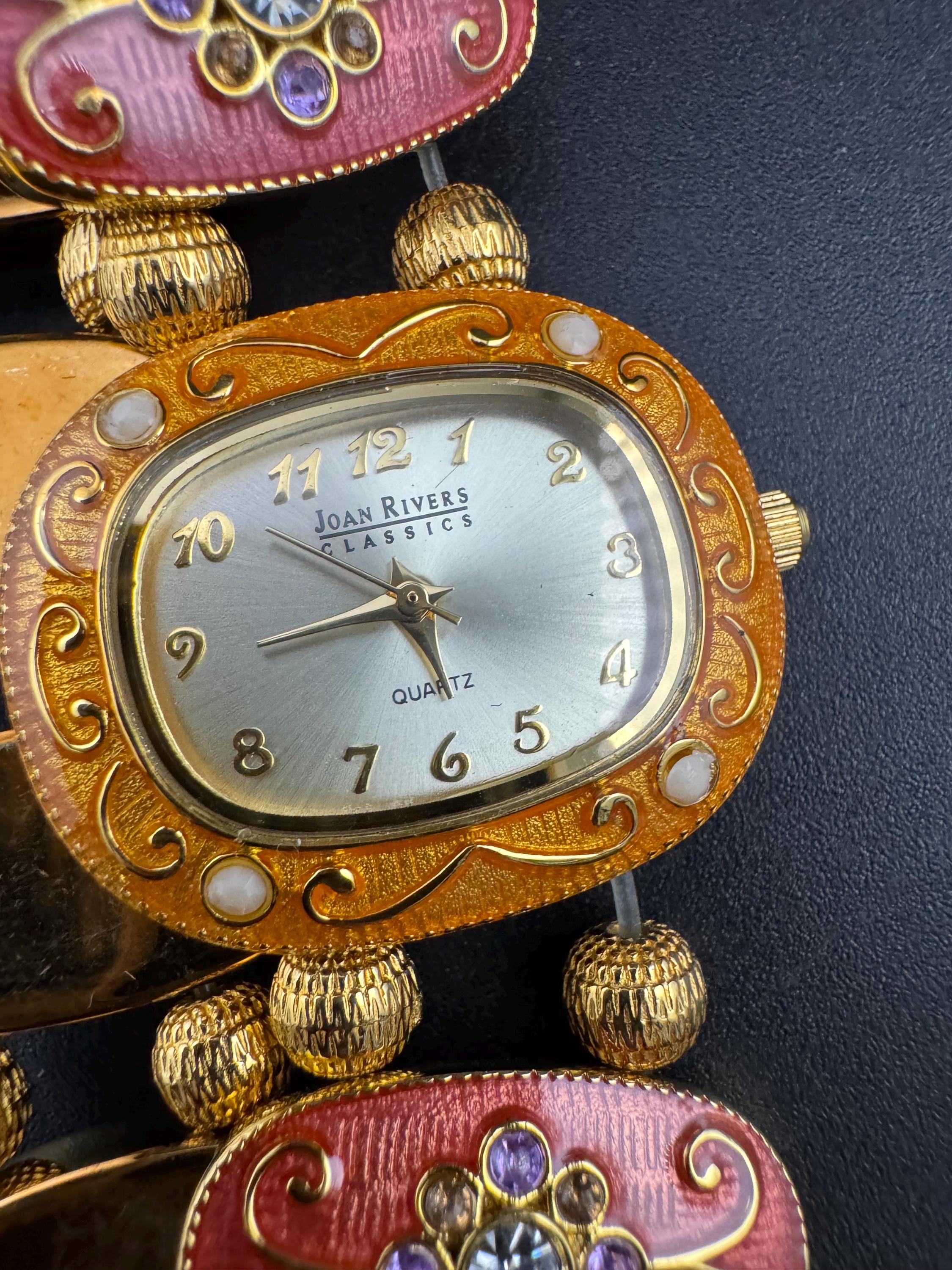 Signed Joan rivers enamelled floral panel link bracelet watch, elasticated