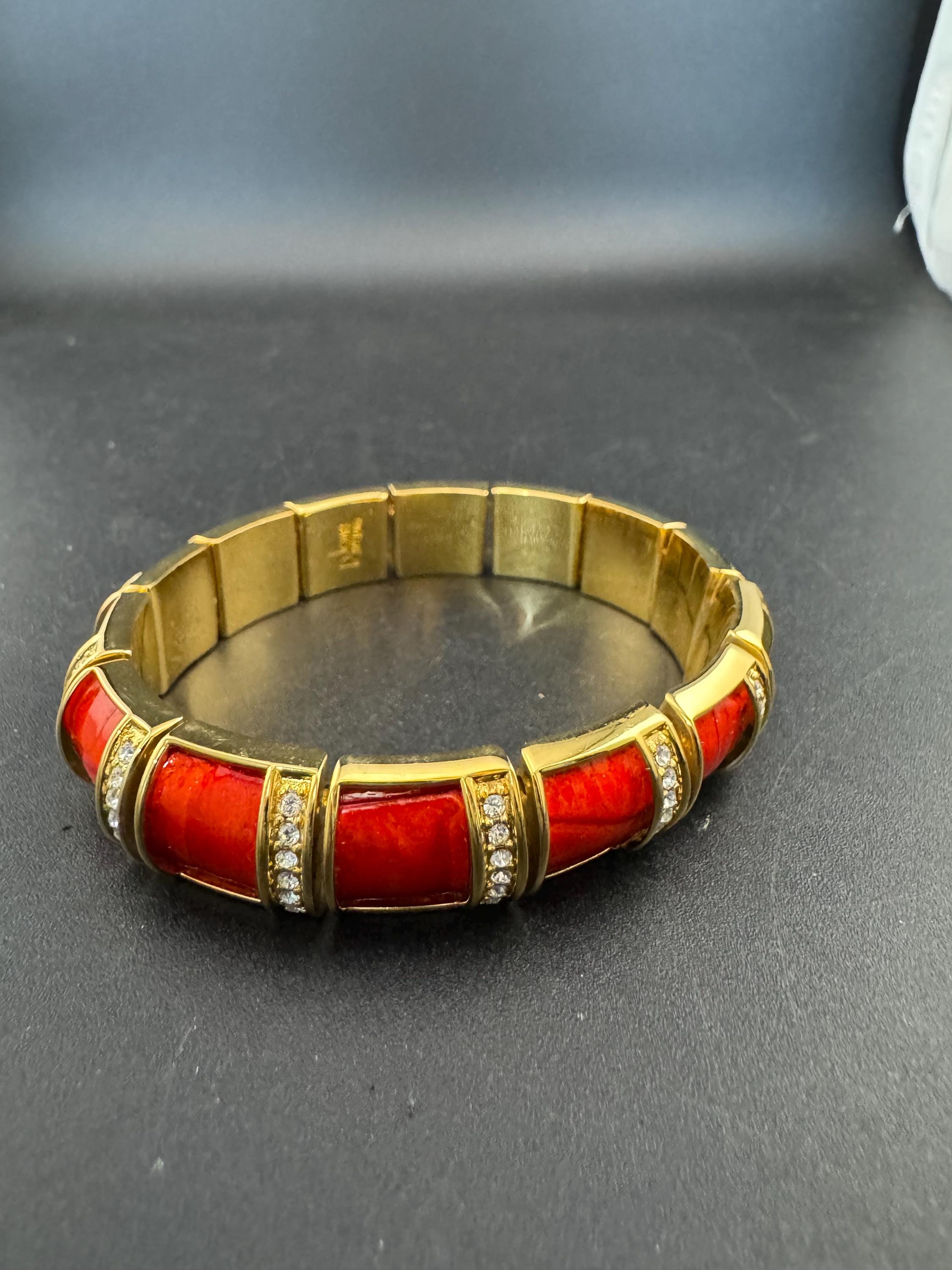 Joan rivers red enamel rhinestone stretch bangle bracelet , gold plated