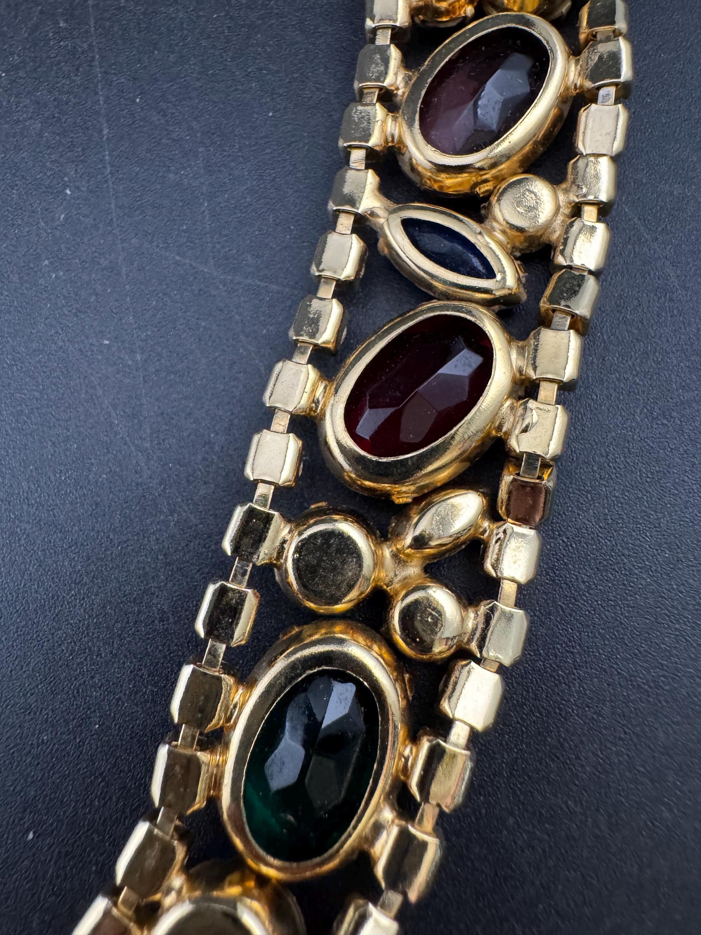 Vintage rainbow rhinestone wide gold choker necklace, red blue green open back