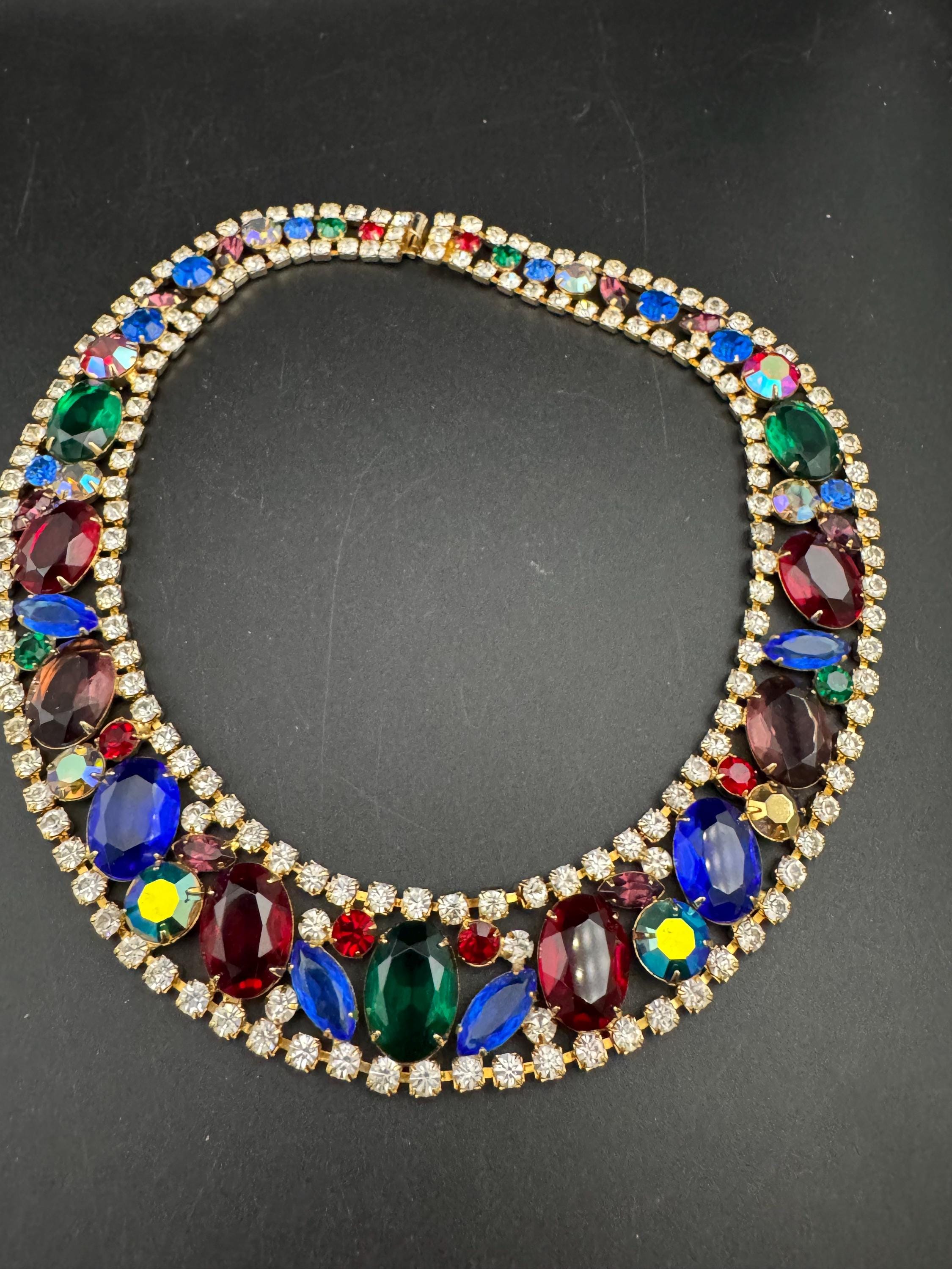 Vintage rainbow rhinestone wide gold choker necklace, red blue green open back