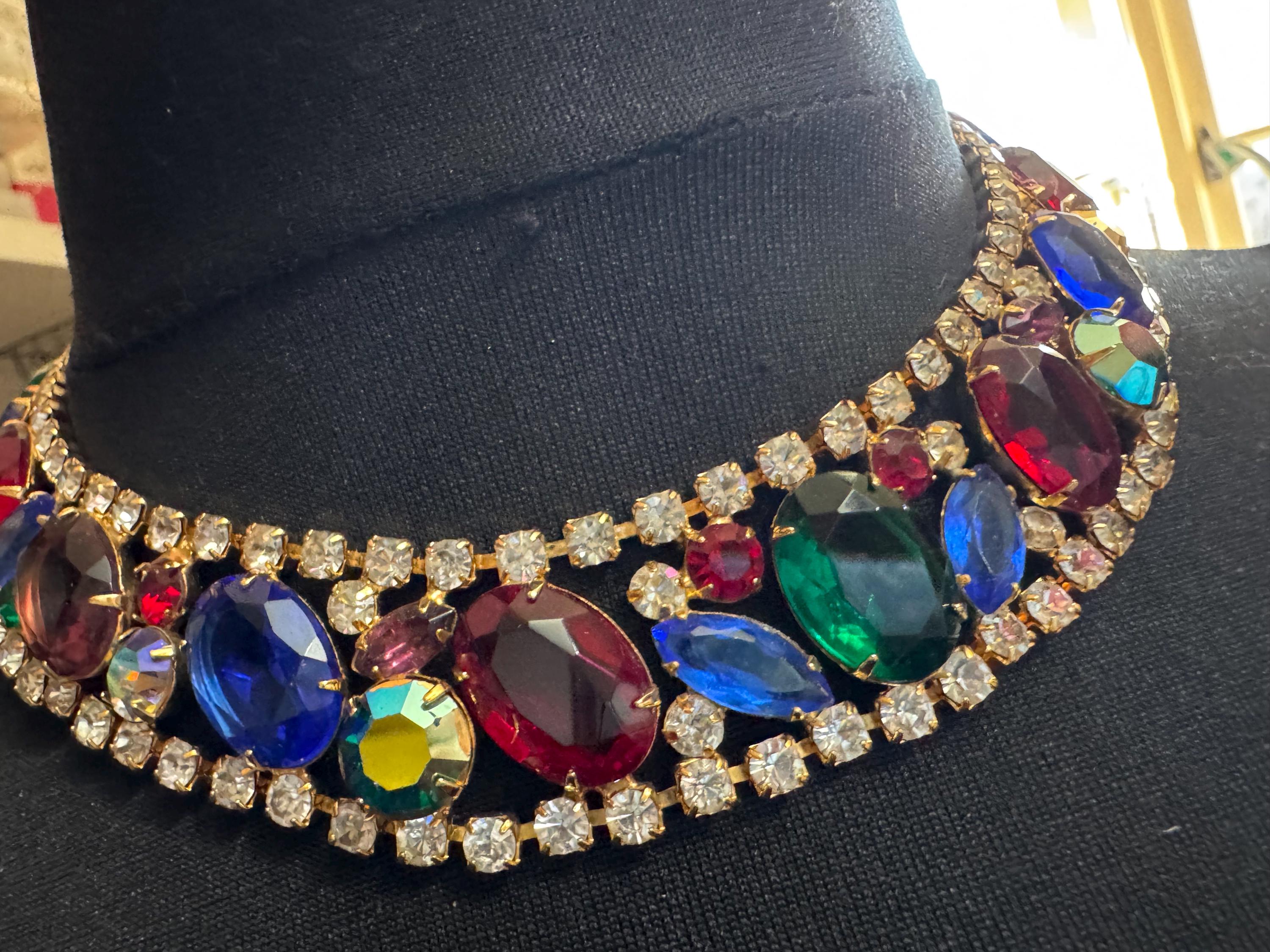 Vintage rainbow rhinestone wide gold choker necklace, red blue green open back