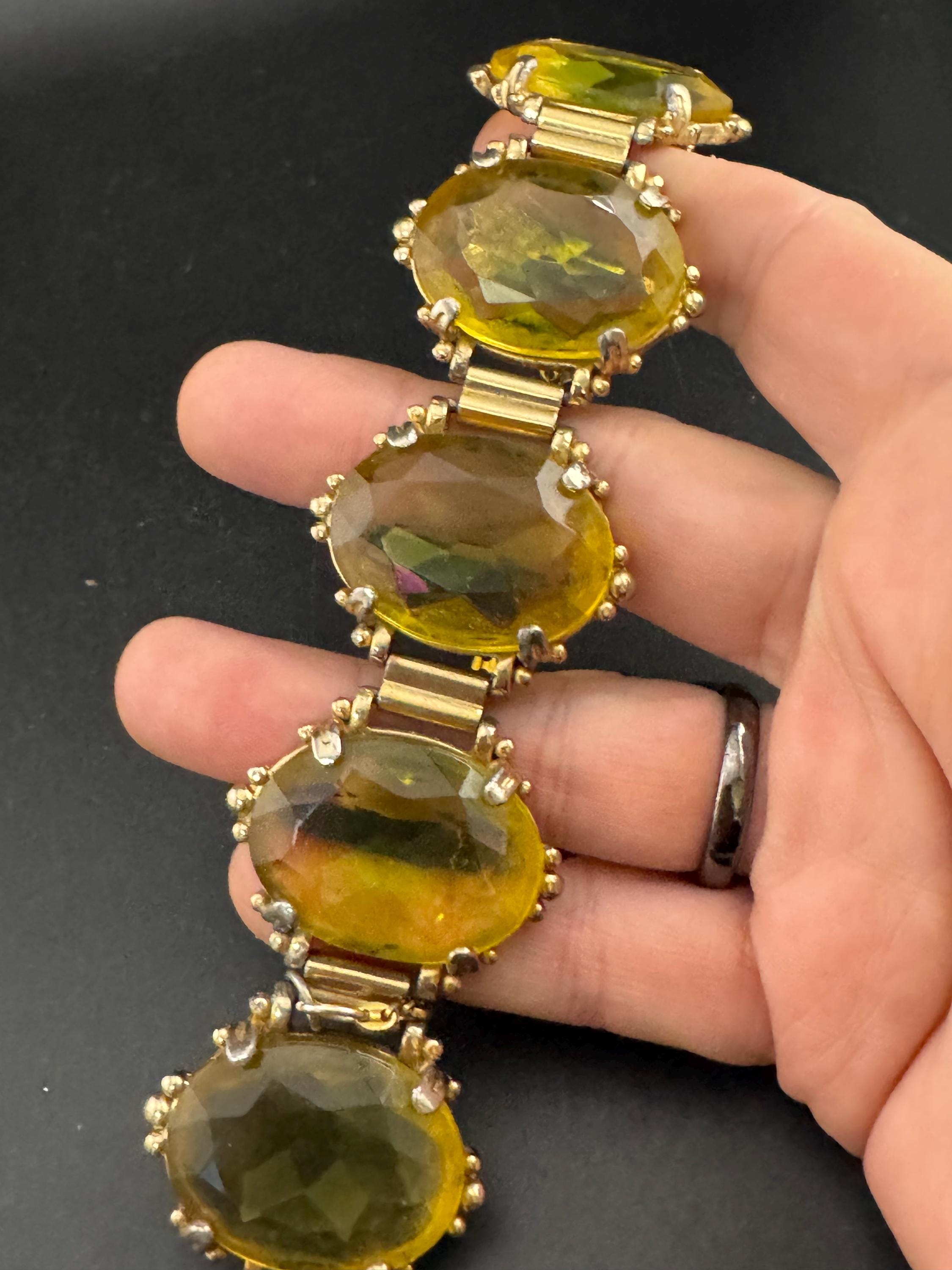 Vintage oversized amber yellow Glass Cabochon cocktail bracelet