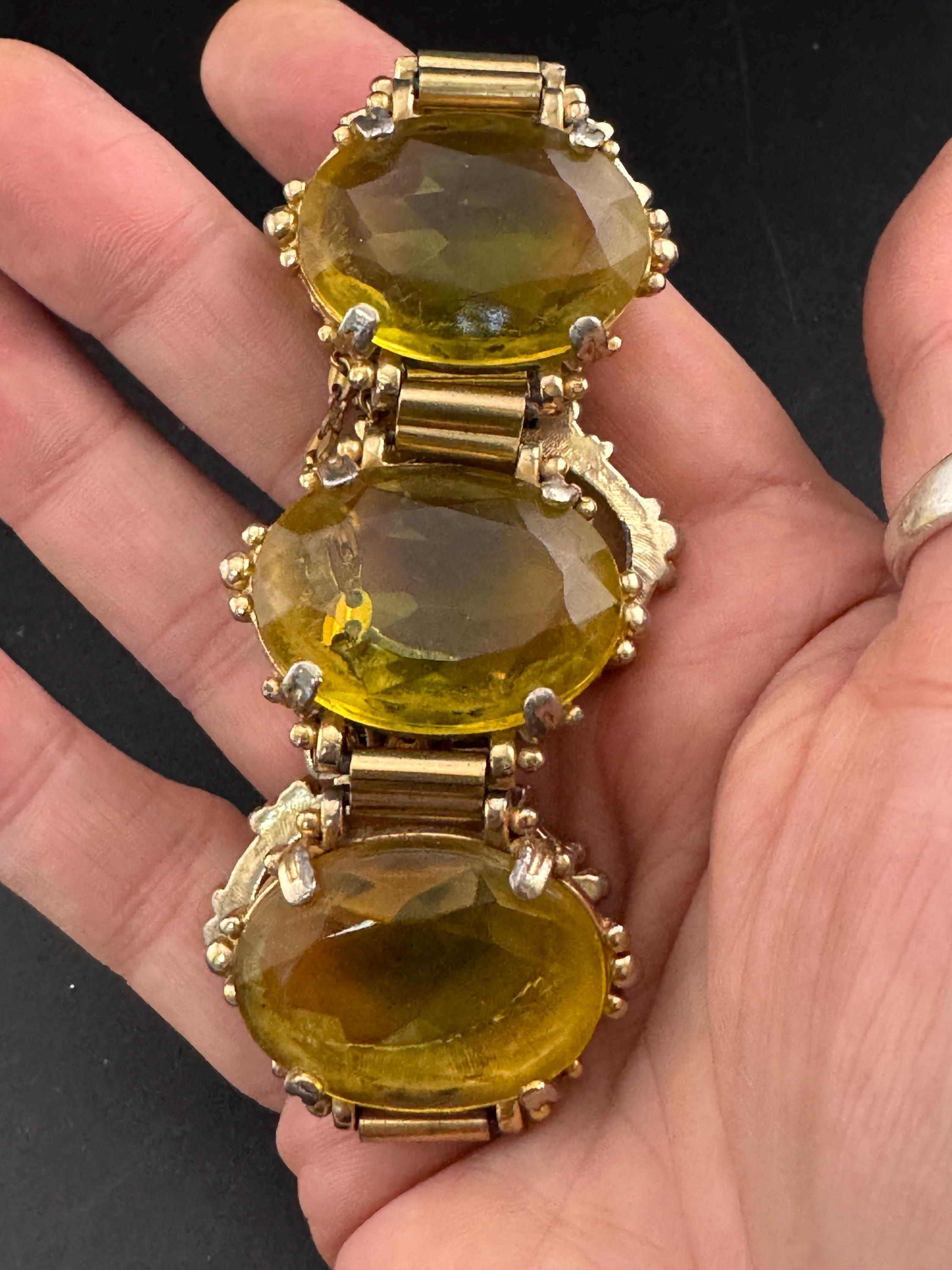 Vintage oversized amber yellow Glass Cabochon cocktail bracelet