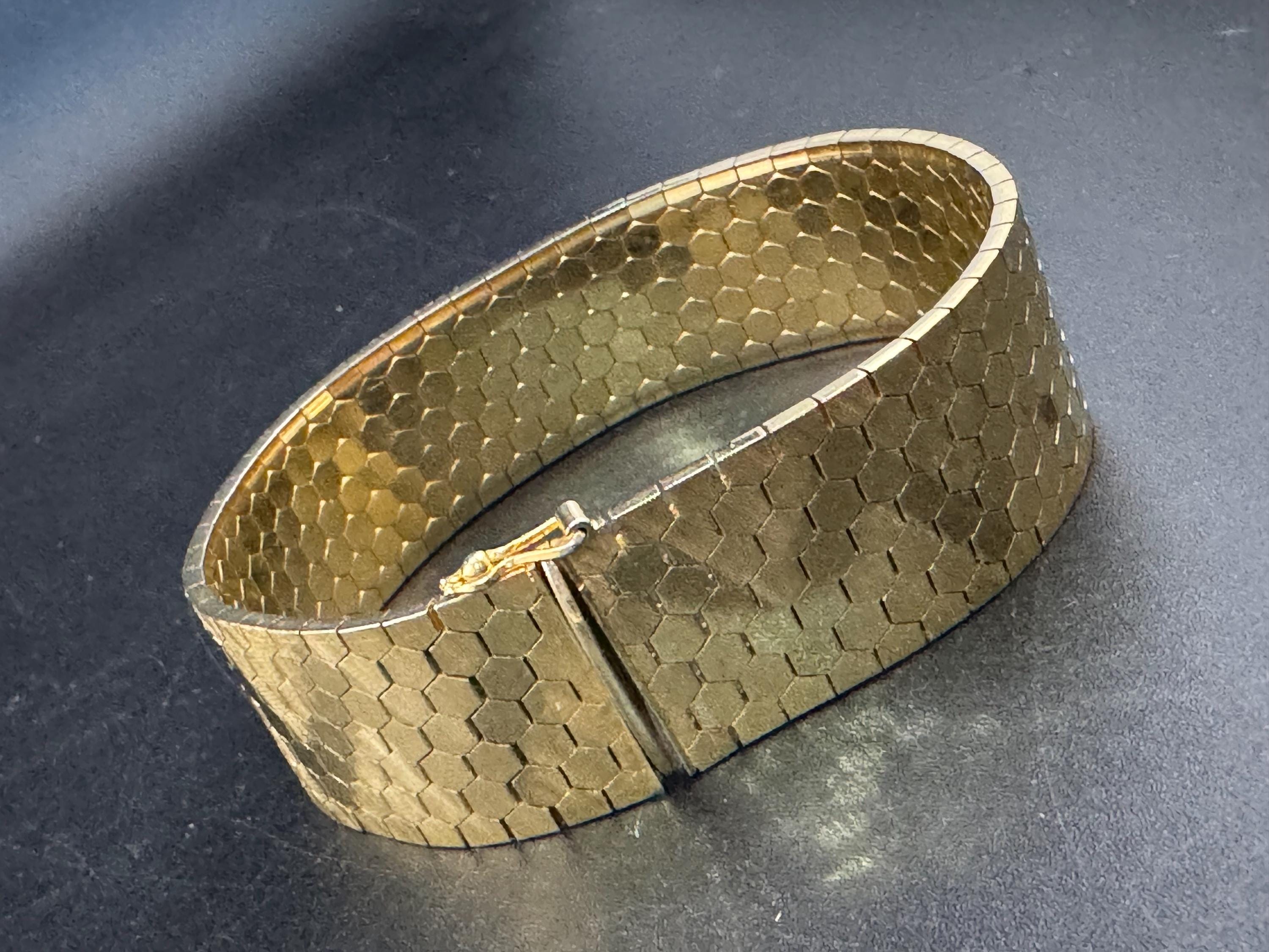 1970s 18k GP flat wide articulated cuff bracelet, Italian gold plated