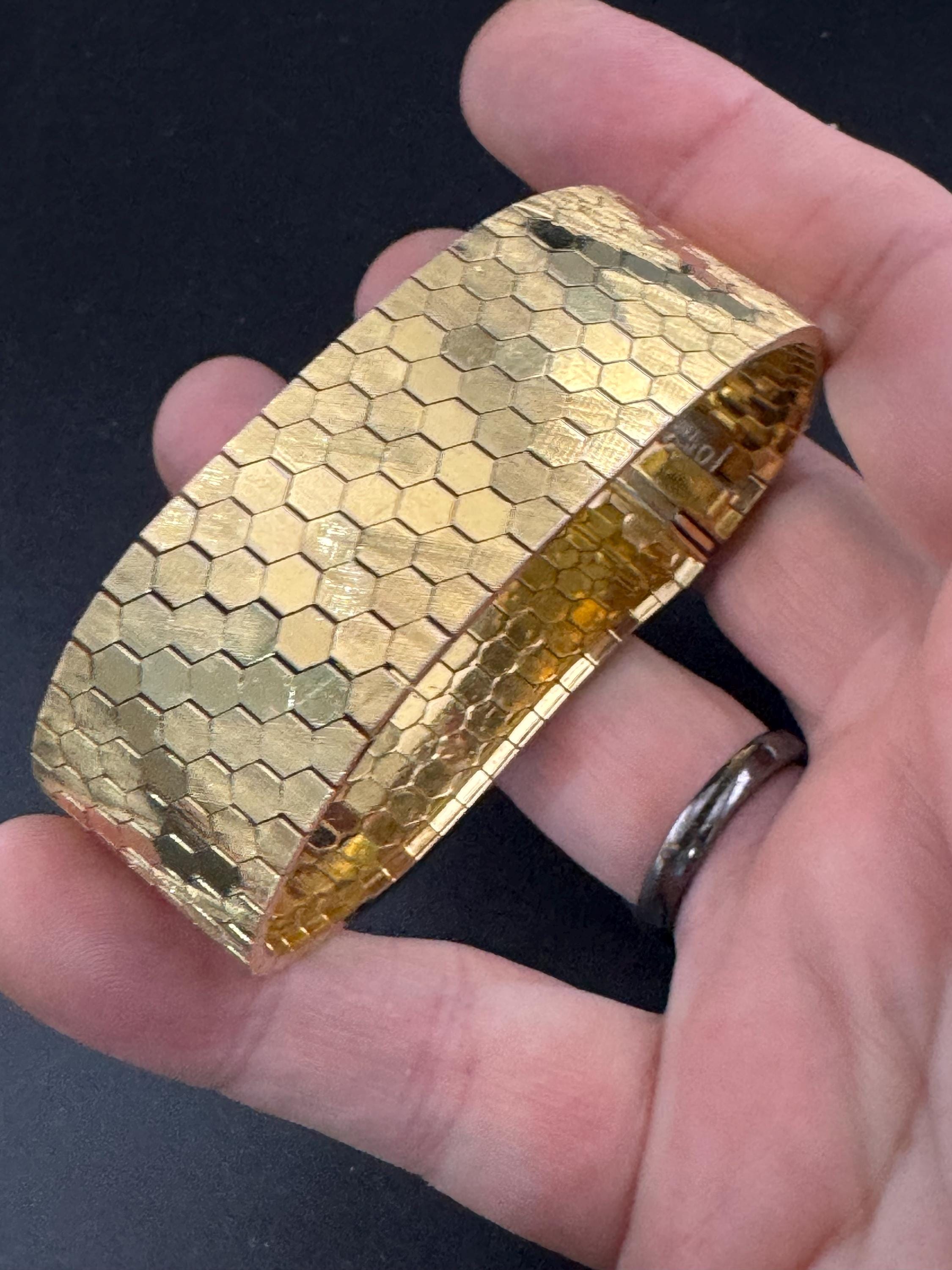 1970s 18k GP flat wide articulated cuff bracelet, Italian gold plated