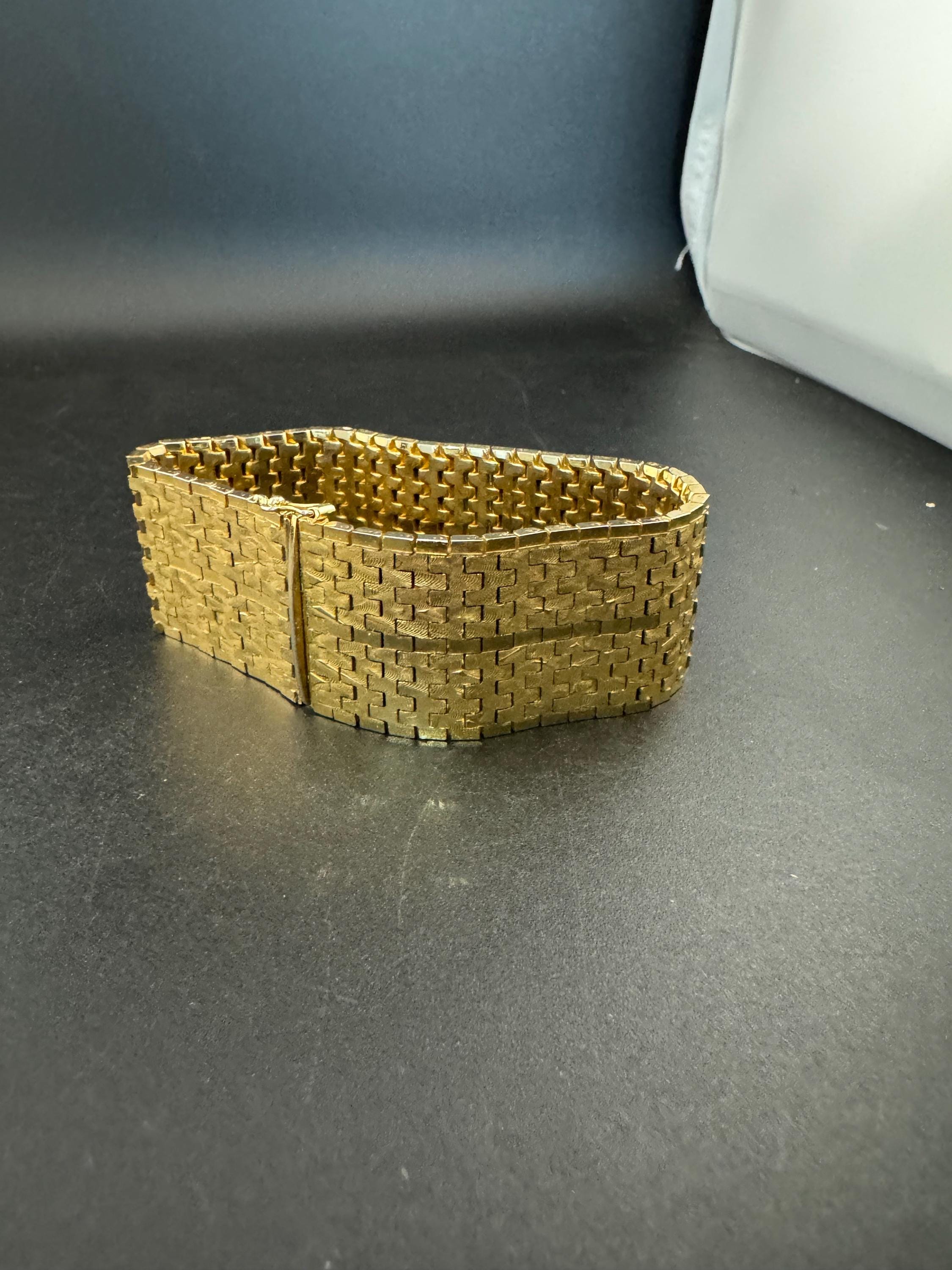 1970s 18k GP flat 3cm wide articulated cuff bracelet, Italian gold plated
