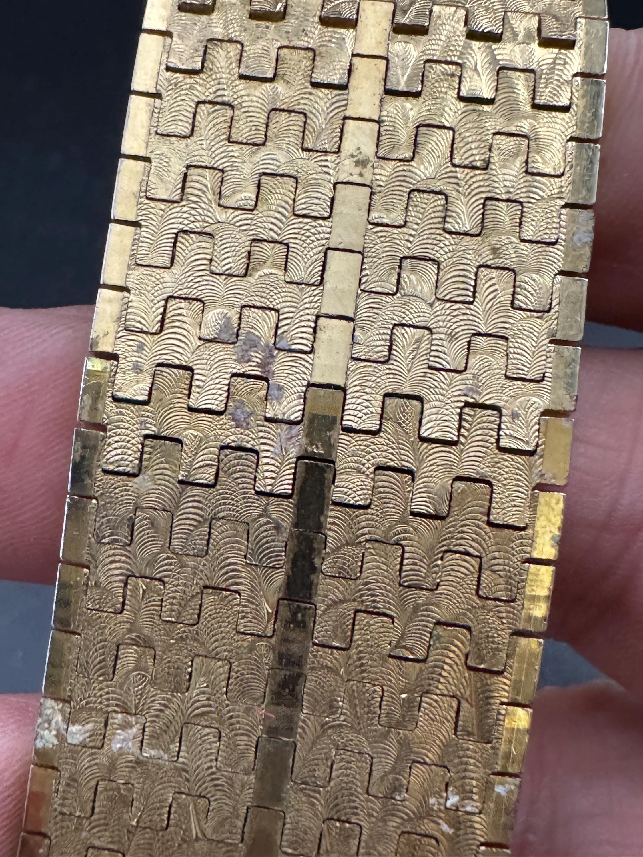 1970s 18k GP flat 3cm wide articulated cuff bracelet, Italian gold plated