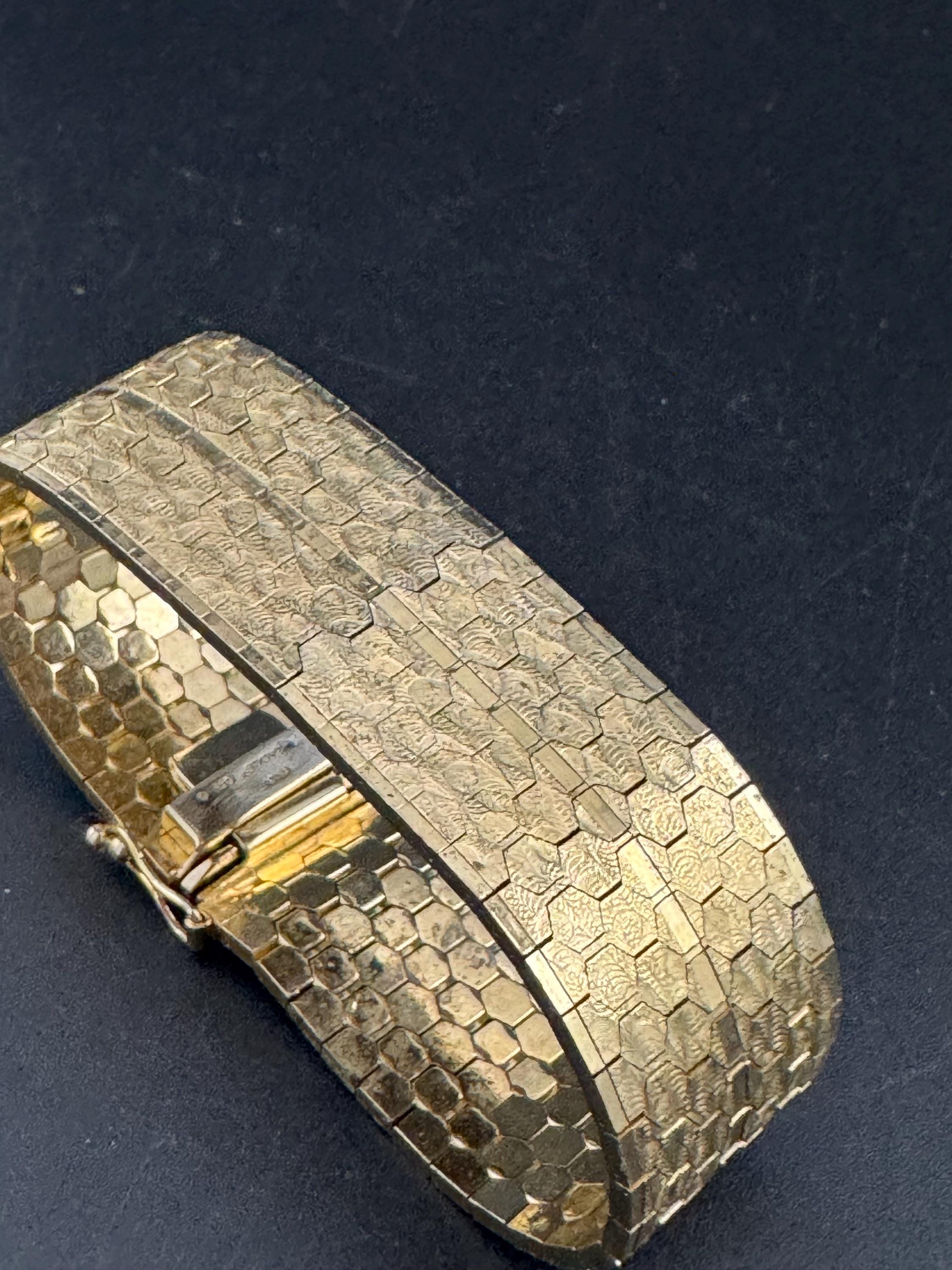 1970s 18k GP flat 22mm wide articulated cuff bracelet, Italian gold plated