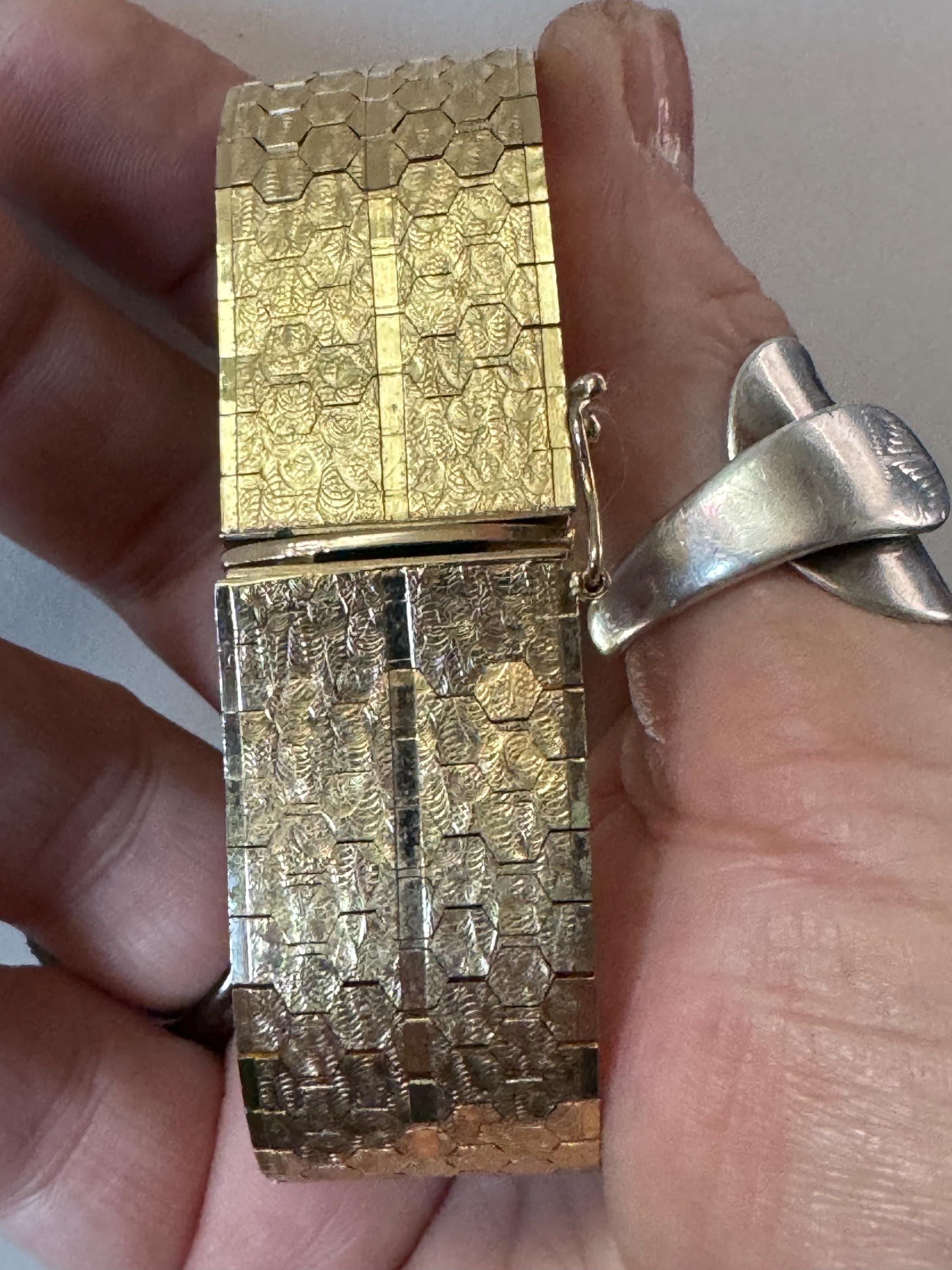 1970s 18k GP flat 22mm wide articulated cuff bracelet, Italian gold plated