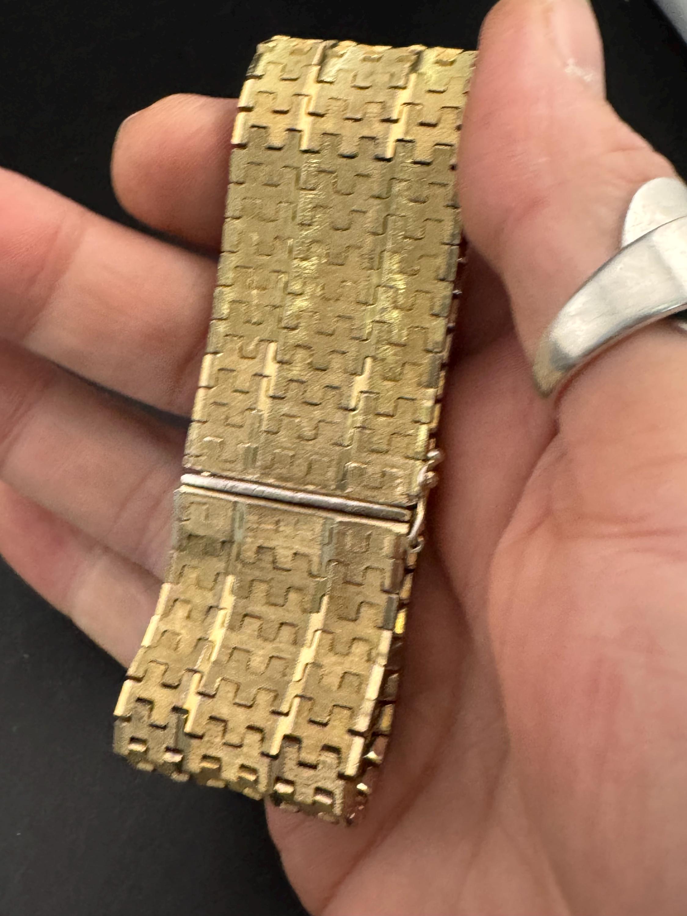 1970s 18k GP flat 28mm wide articulated cuff bracelet, Italian gold plated