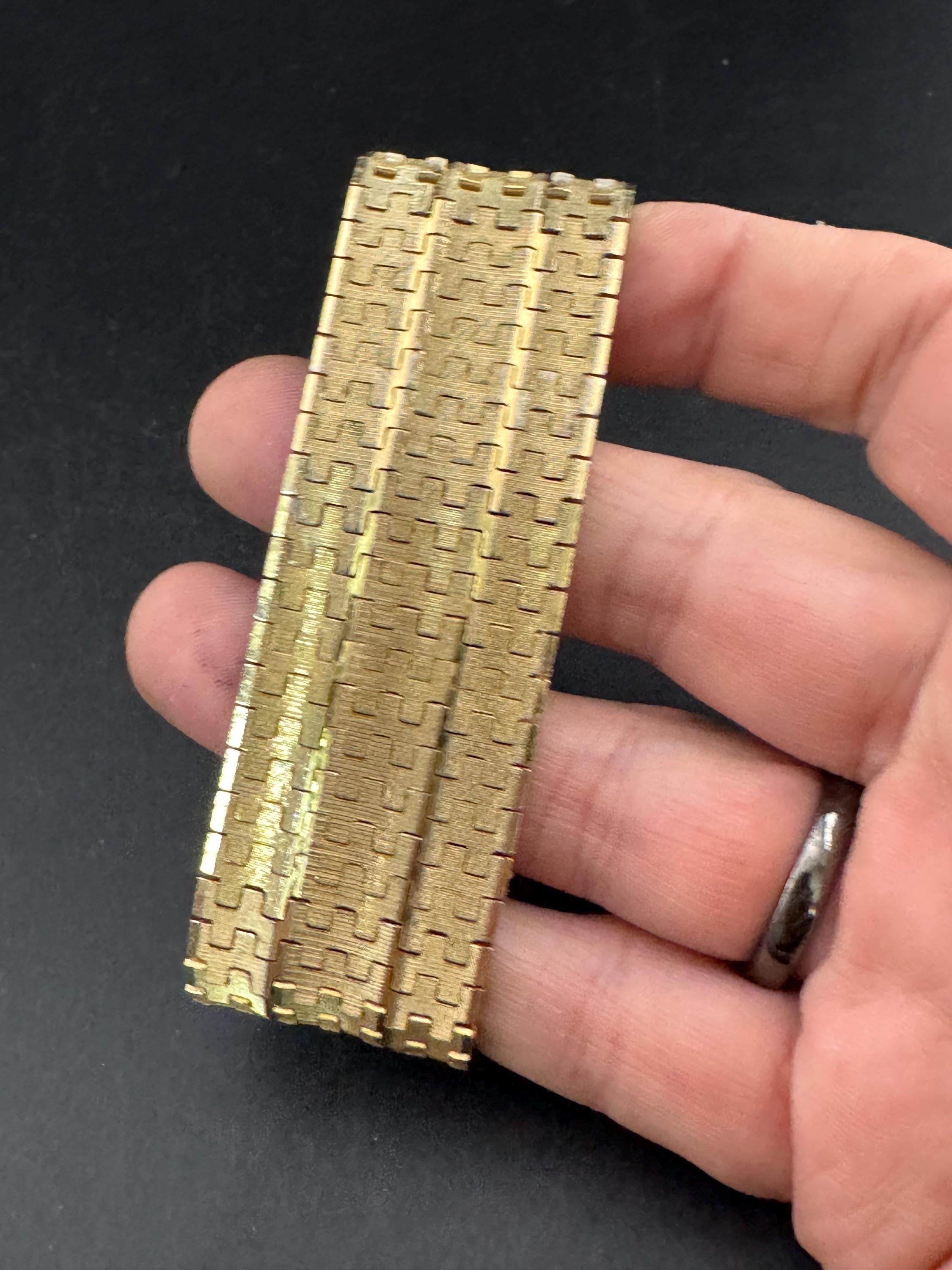 1970s 18k GP flat 28mm wide articulated cuff bracelet, Italian gold plated