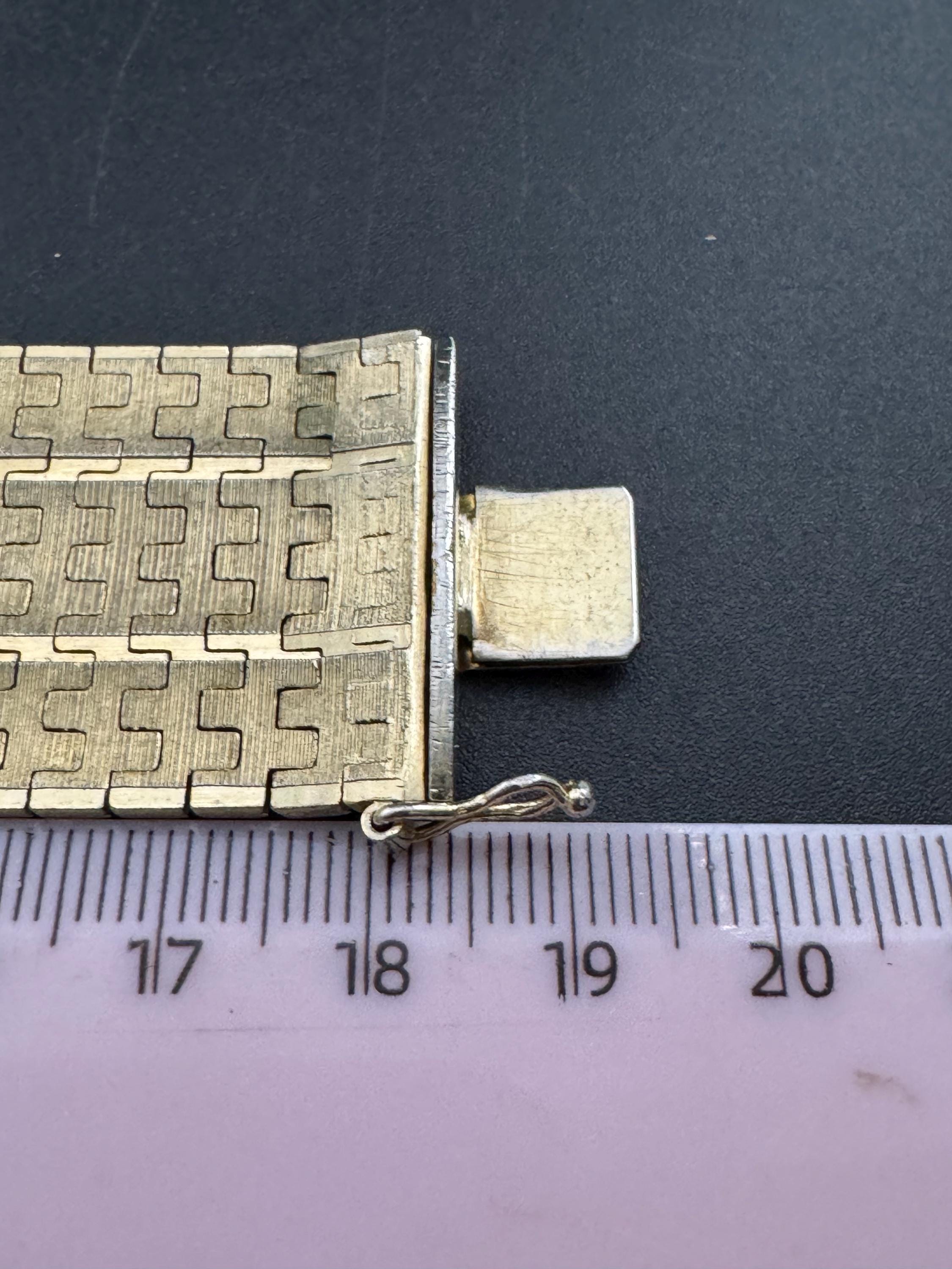 1970s 18k GP flat 28mm wide articulated cuff bracelet, Italian gold plated