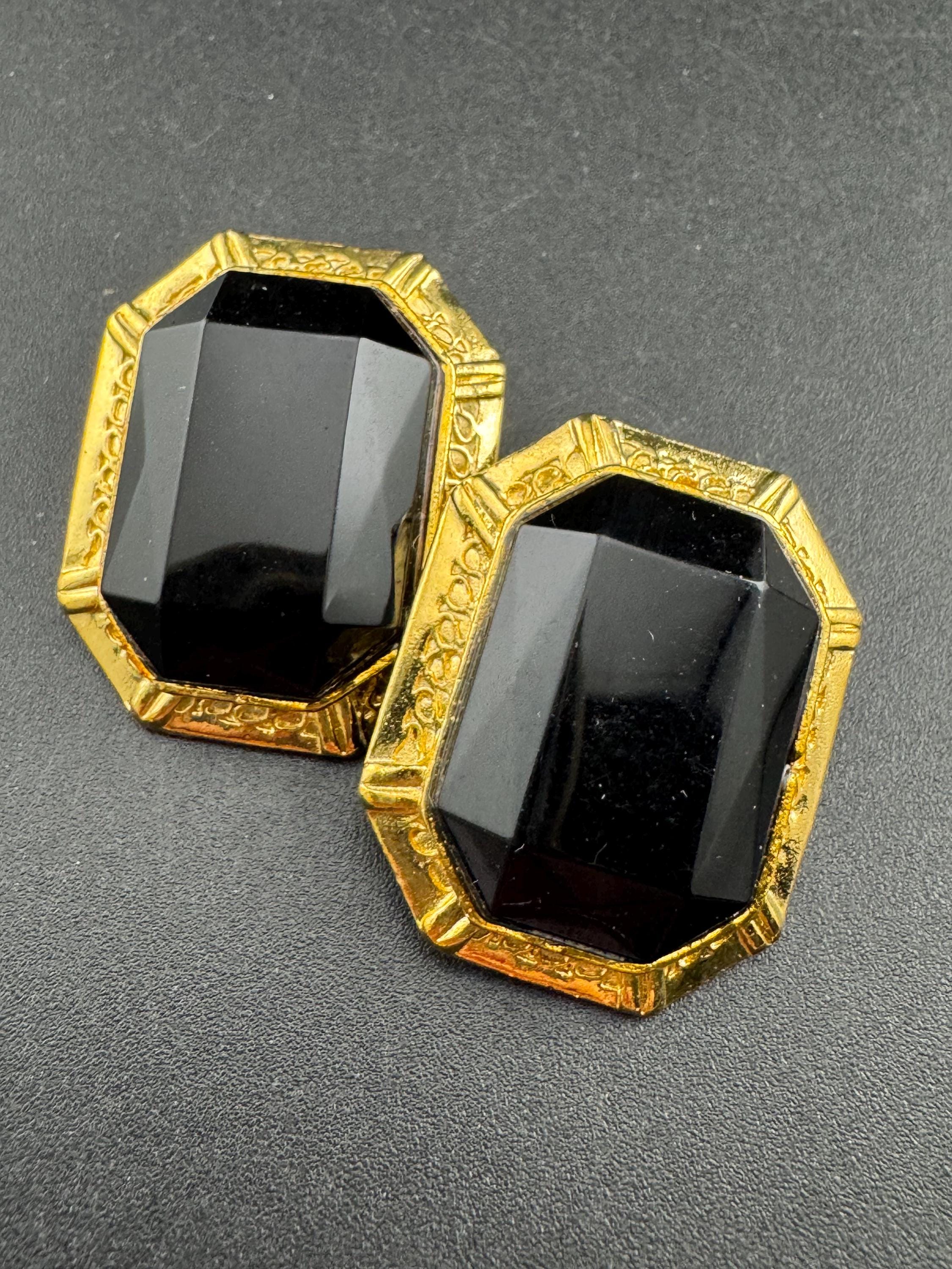 Gold plated black octagon clip on earrings, vintage oversized 3cm 1980s