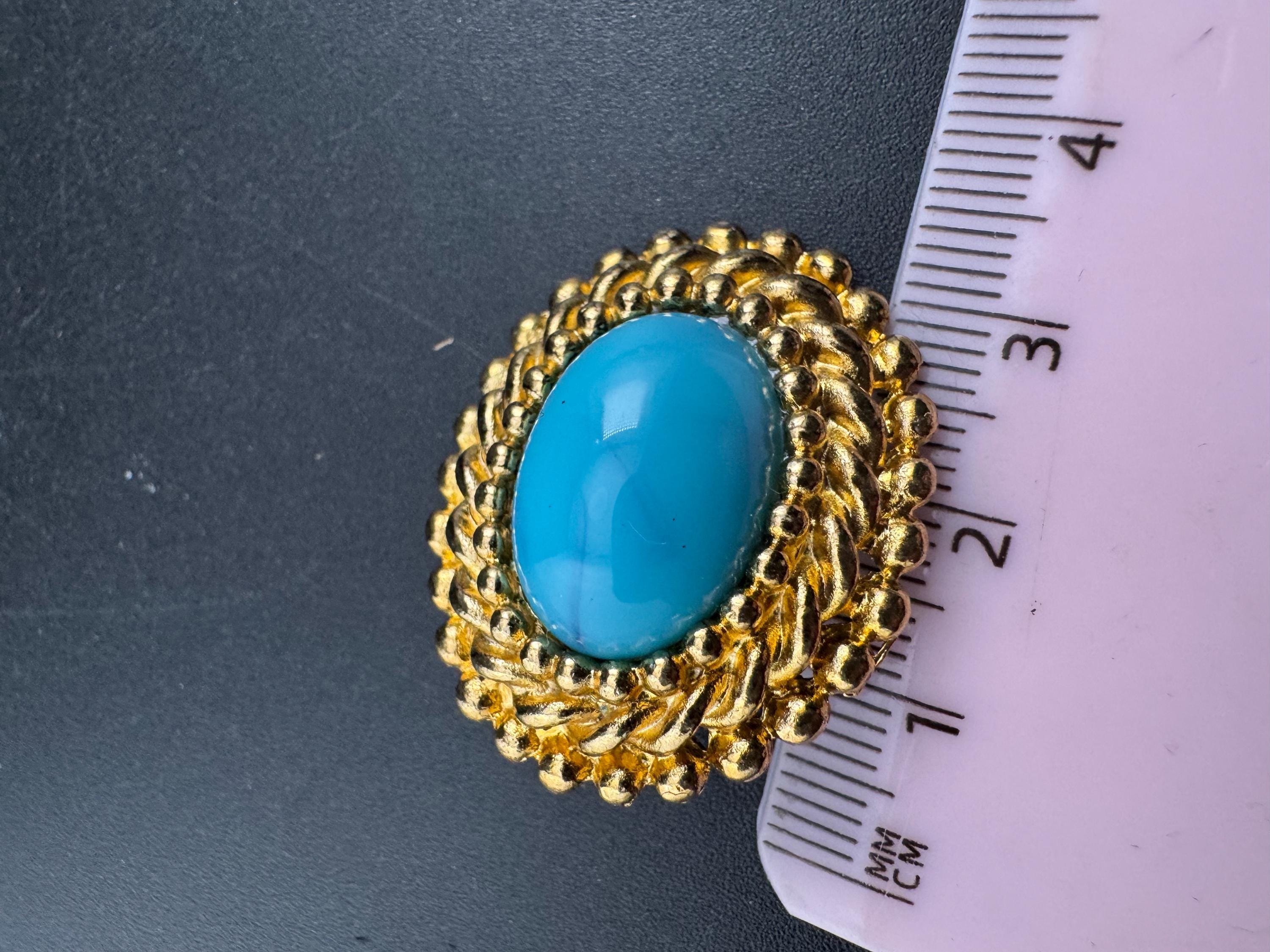 vintage Gold Turquoise blue cabochon rope twist oval clip on earrings, 1980s nautical unused