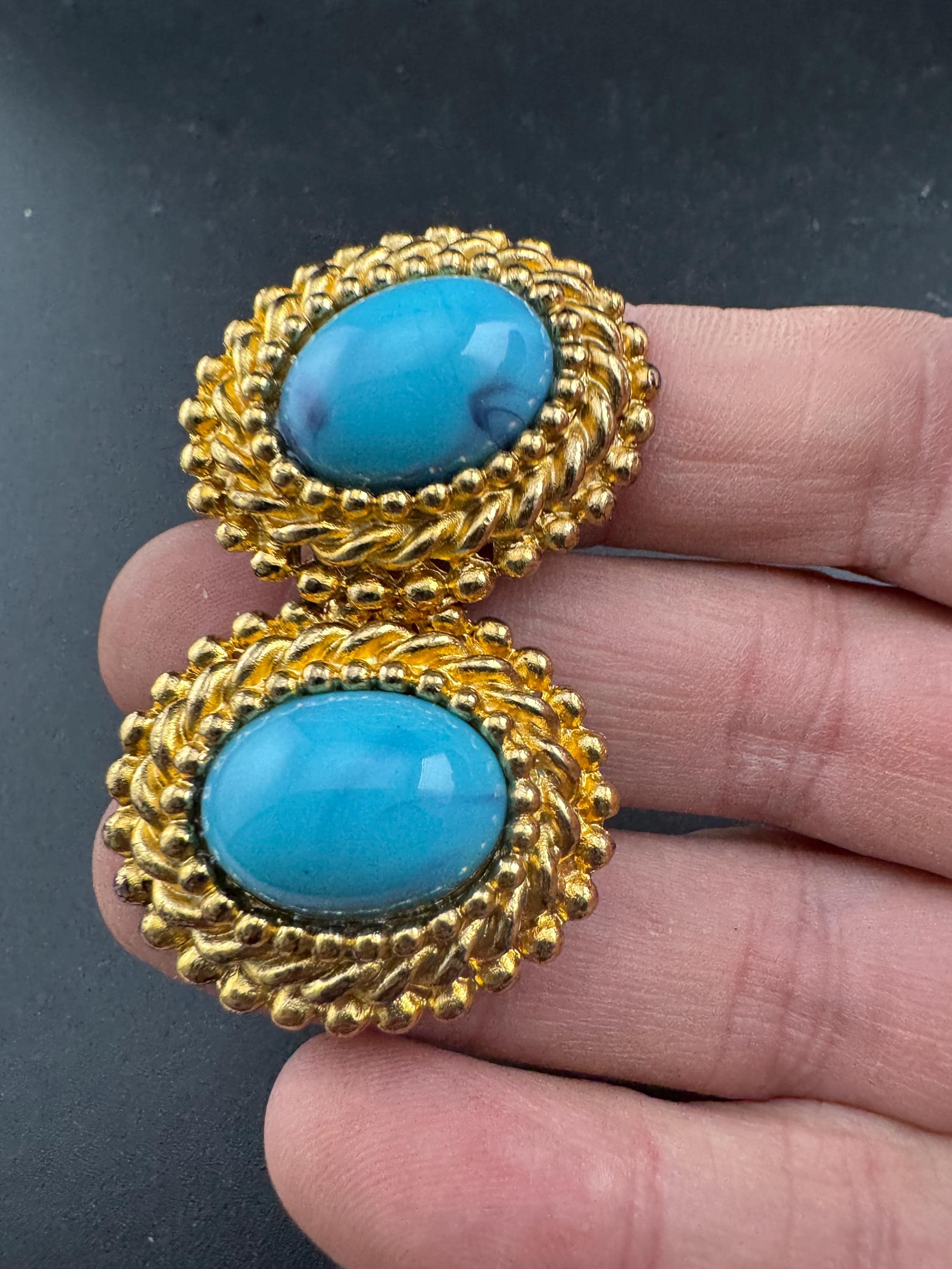 vintage Gold Turquoise blue cabochon rope twist oval clip on earrings, 1980s nautical unused