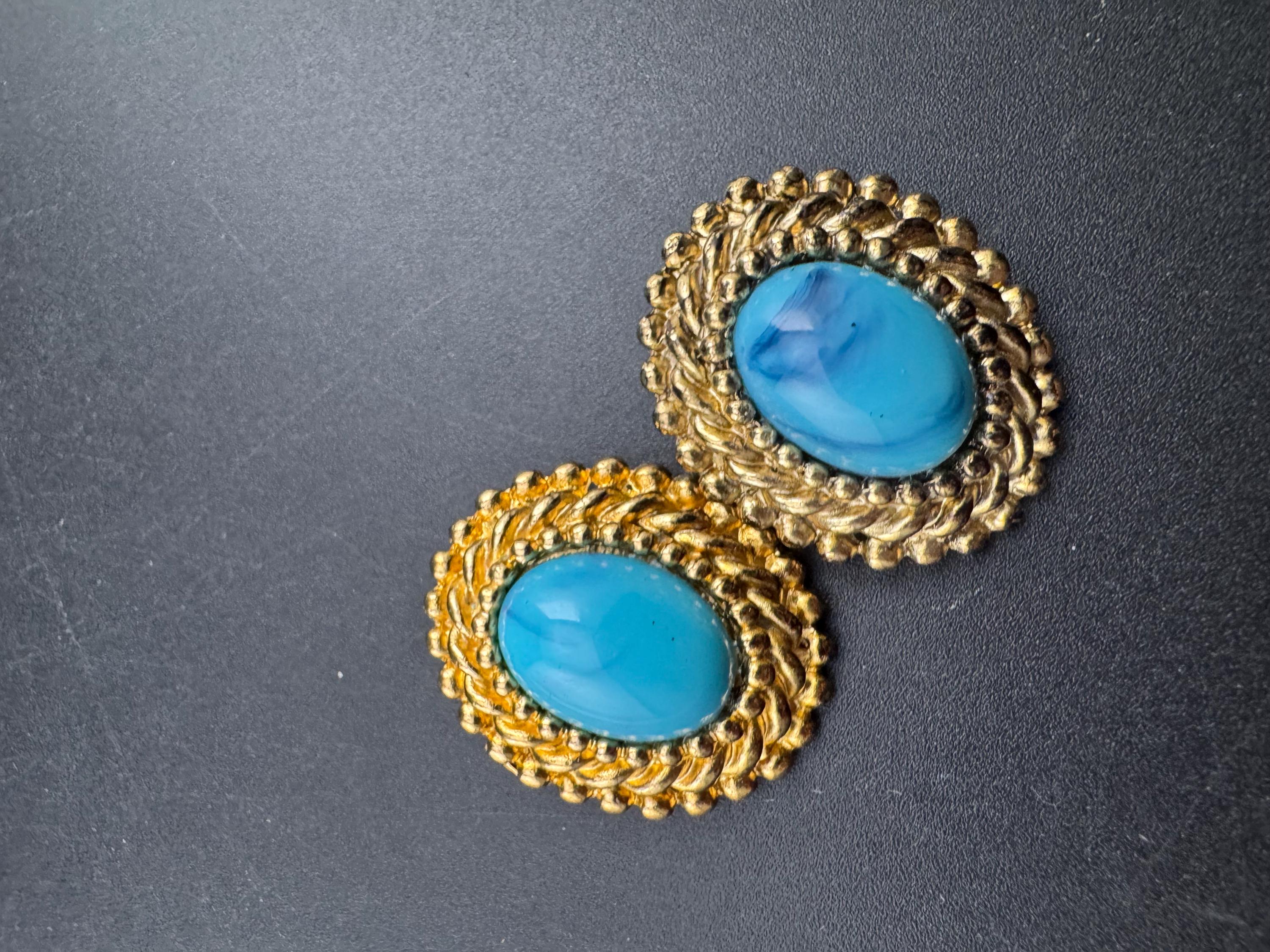 vintage Gold Turquoise blue cabochon rope twist oval clip on earrings, 1980s nautical unused