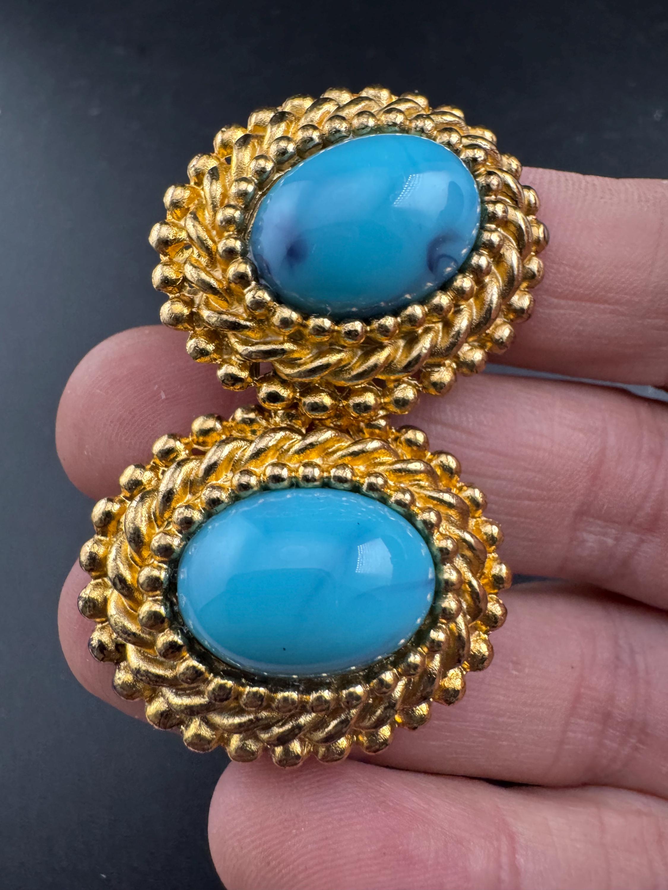 vintage Gold Turquoise blue cabochon rope twist oval clip on earrings, 1980s nautical unused