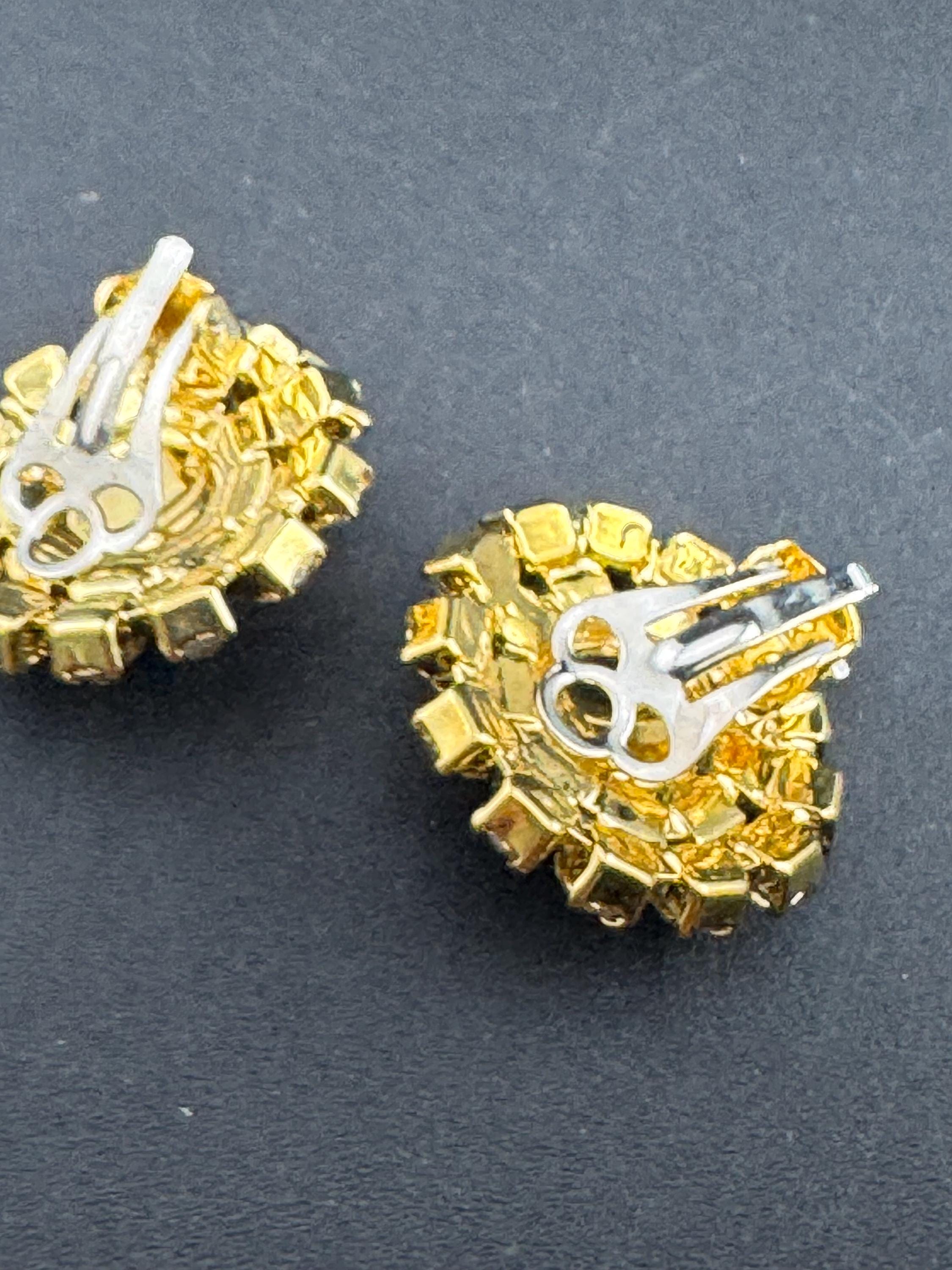 vintage diamanté gold and turquoise round clip on earrings, unused and super sparkly