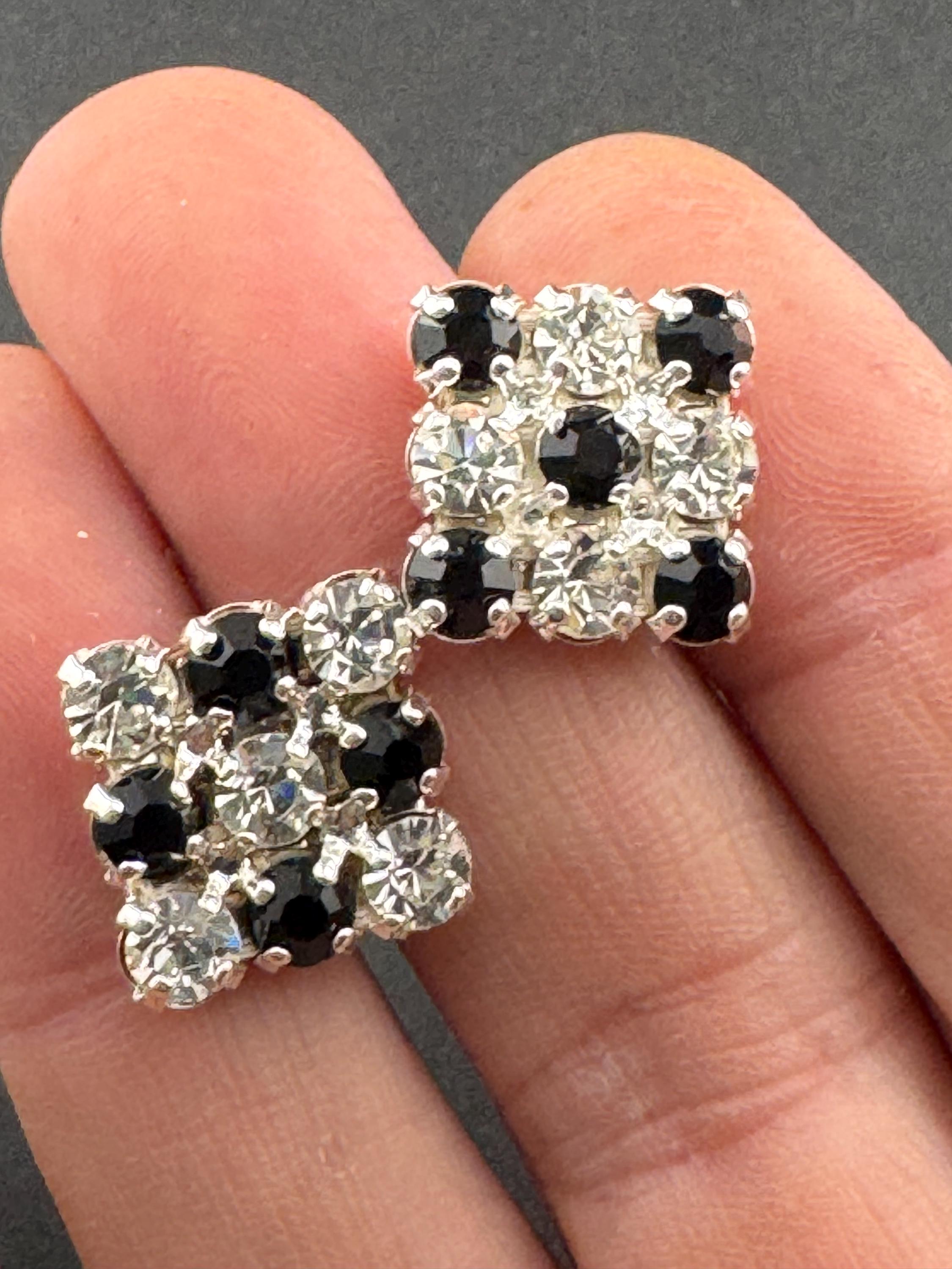 1.5cm square clear and black diamanté stud pierced earrings