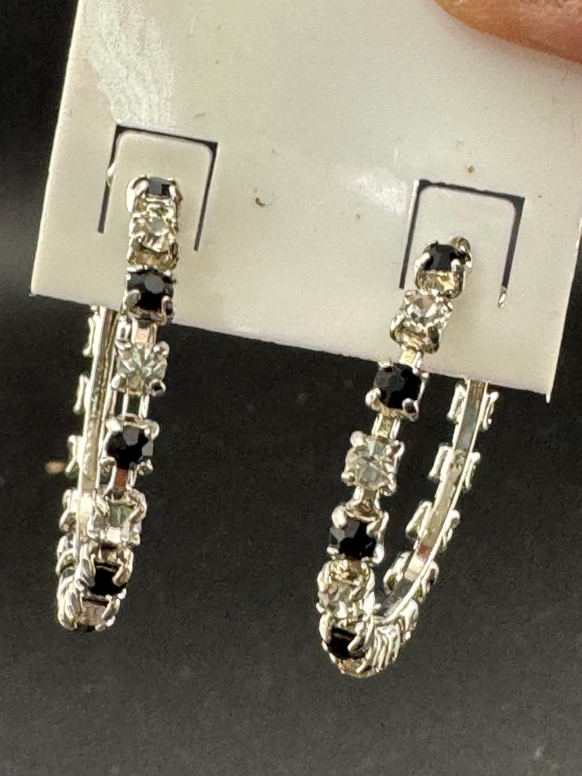 3.5cm clear and black diamanté crystal hoop earrings, silver tone for pierced ears