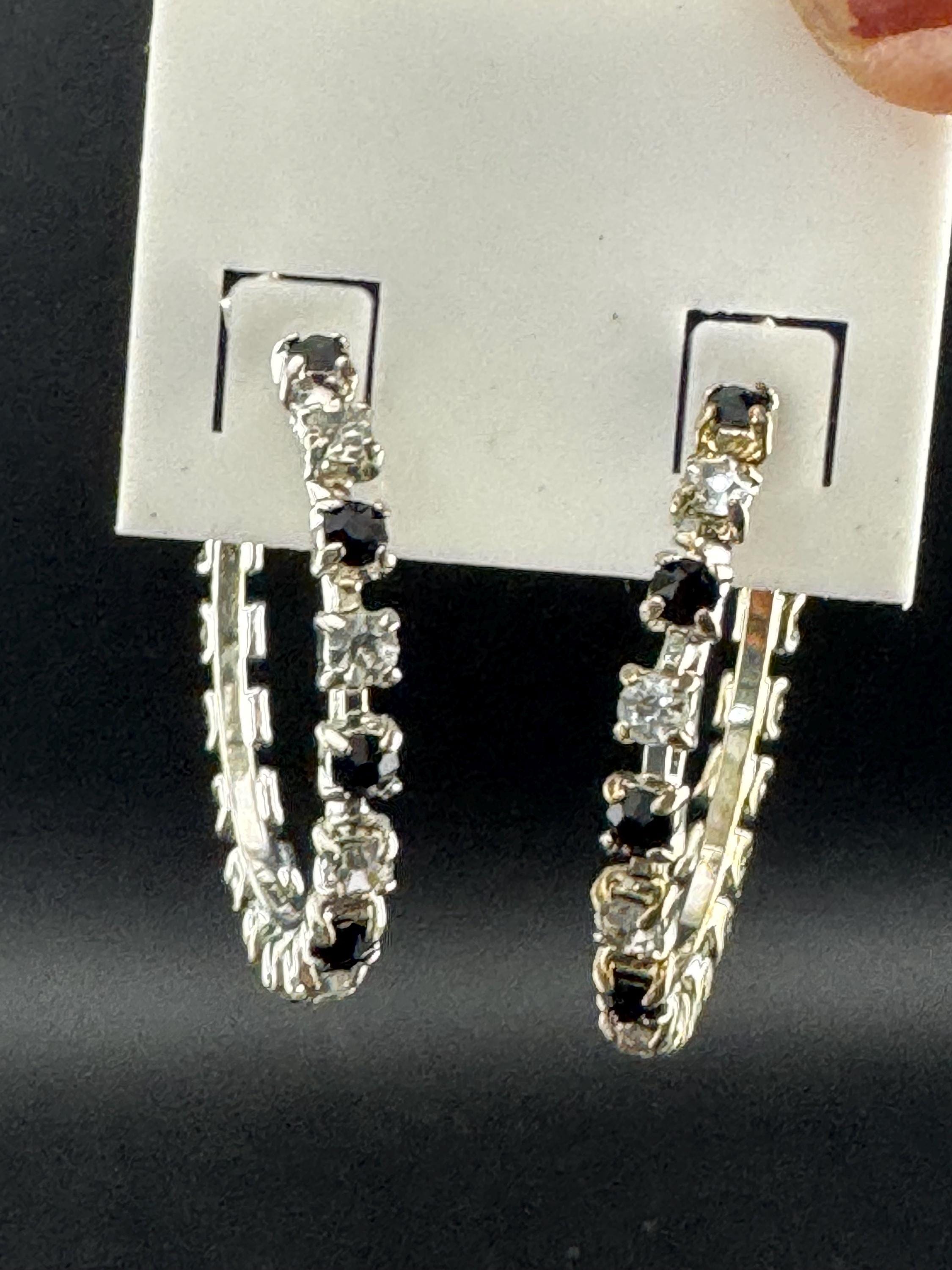 3.5cm clear and black diamanté crystal hoop earrings, silver tone for pierced ears