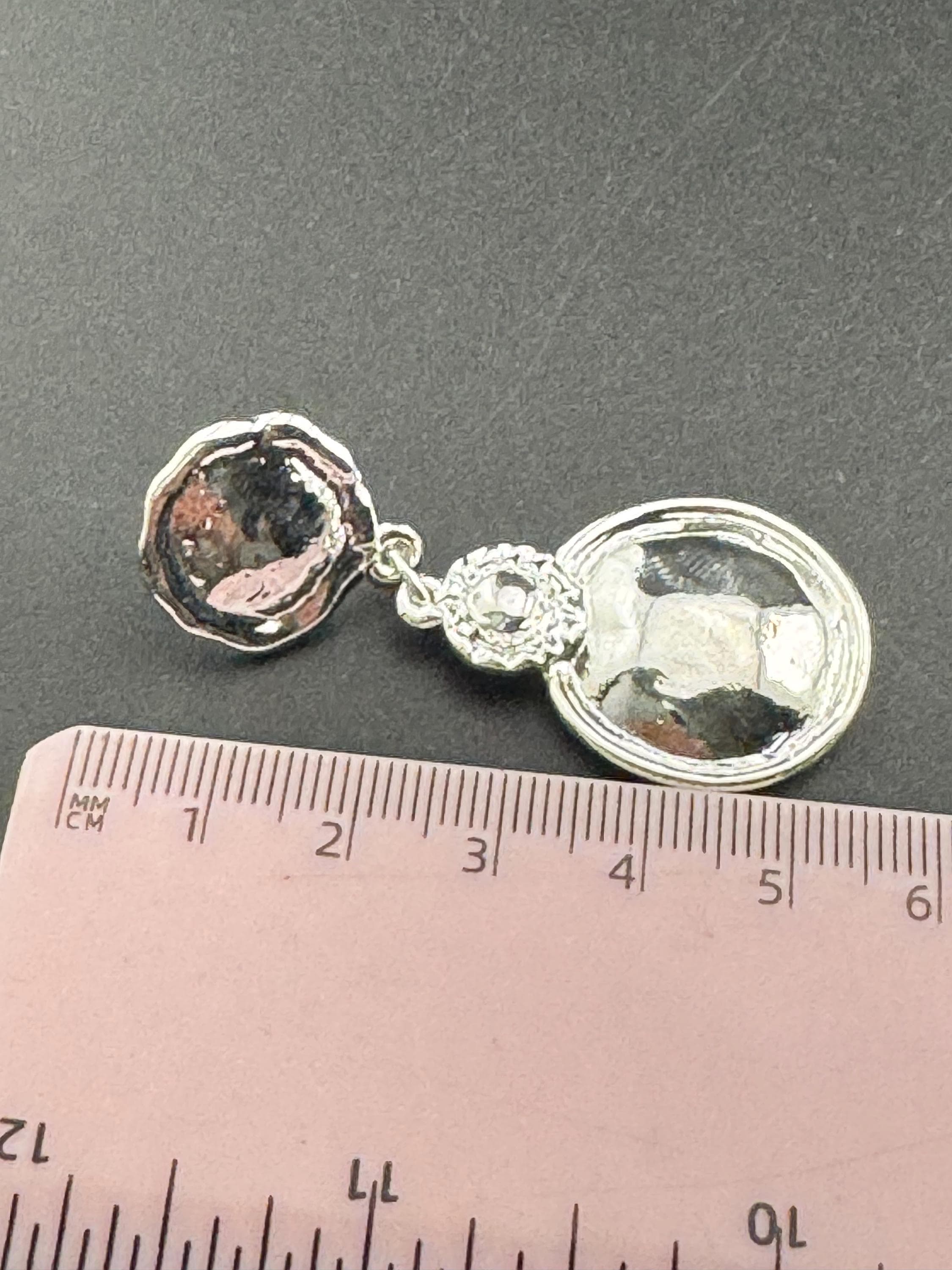 Matt silver Etruscan dangly drop disc earrings for pierced ears