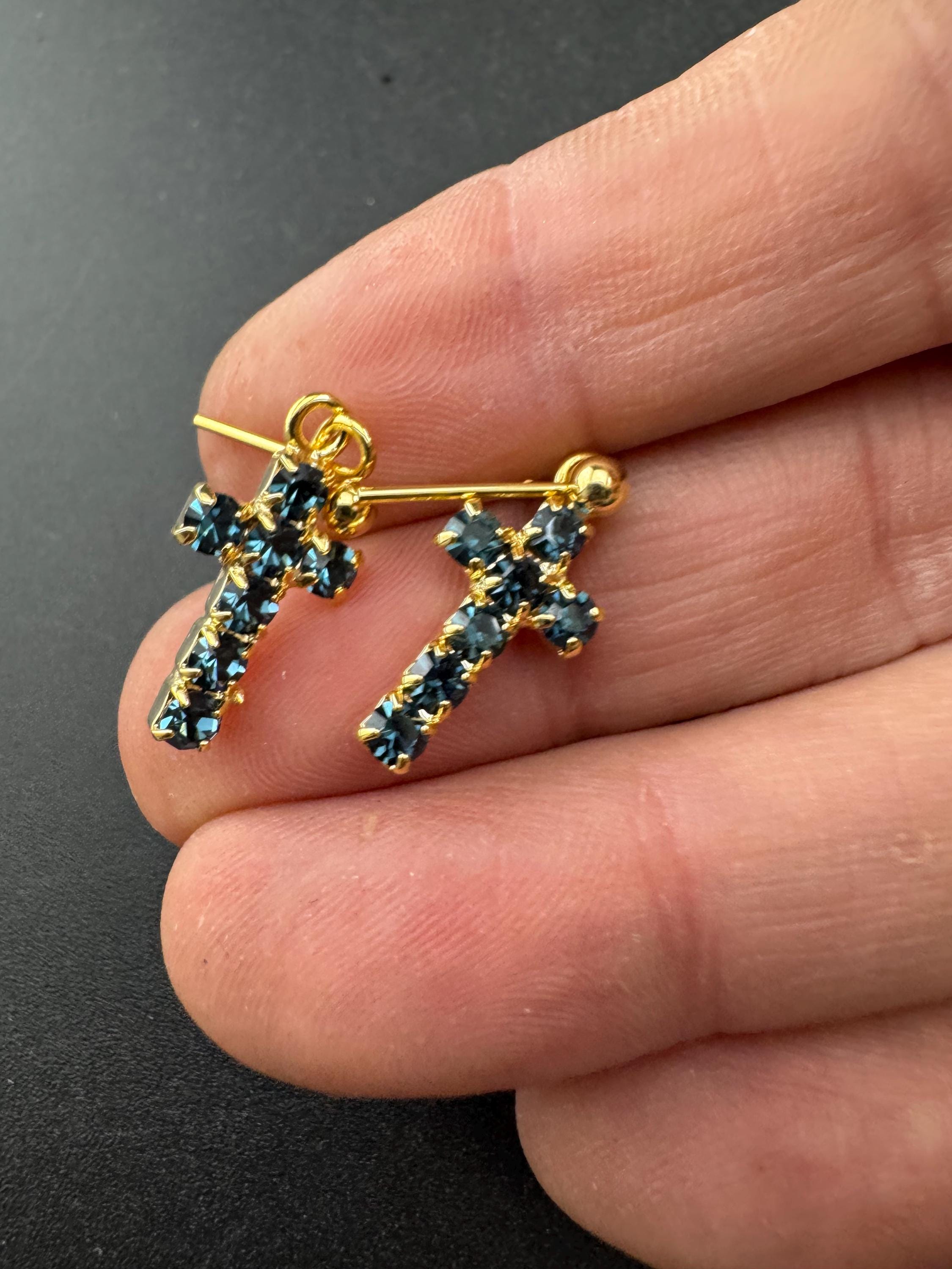 vintage dainty sapphire blue diamanté cross earrings, gold tone pierced drops