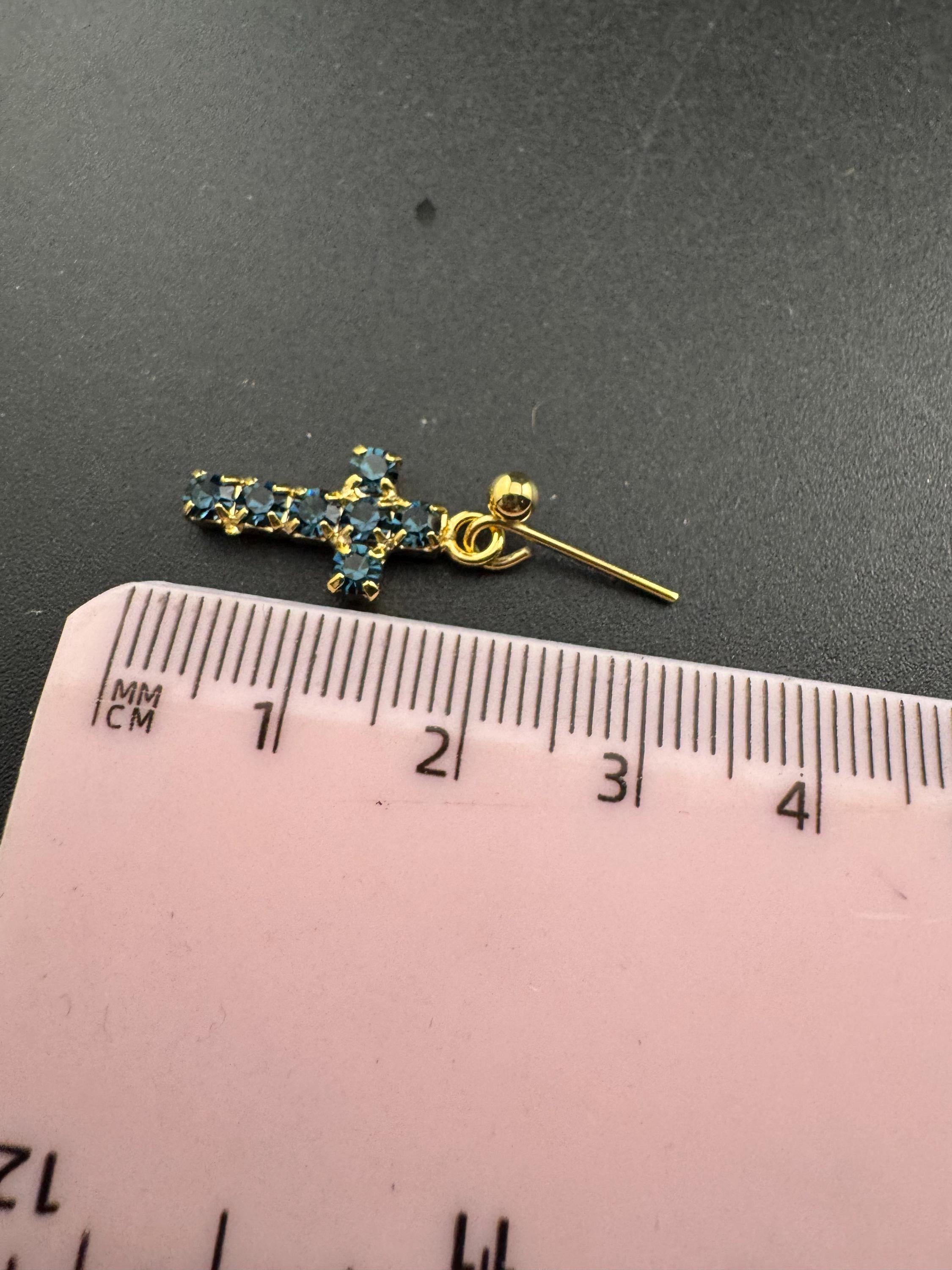 vintage dainty sapphire blue diamanté cross earrings, gold tone pierced drops